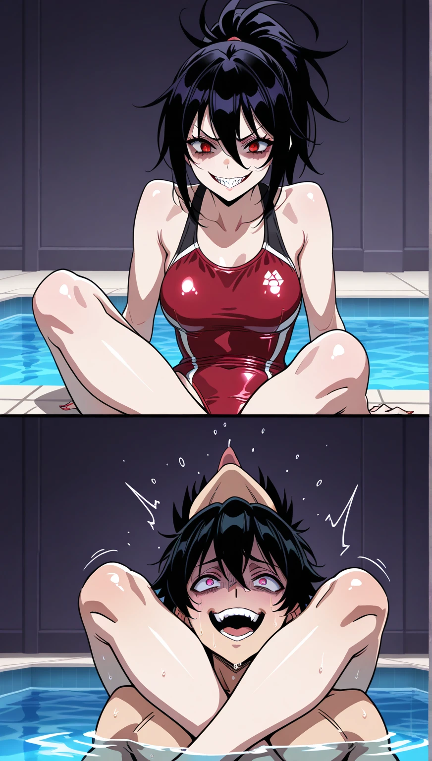 source_anime, hold scissor, leg lock, male head between the thighs, locking head ,  , 1girl, 1 boy, yandere girl, sitting, girl,craziness,  creepy smile , big smile,   crazy smile , evil smile ,big black hair, ponytail, head back ,  the boy is scared , boy is screaming ,The boy is suffocating , sexy red swimsuit  , pool, Under Water ,medium chest, medium breasts , Dynamic pose,boy close acima, expressiveh,2-koma , from below