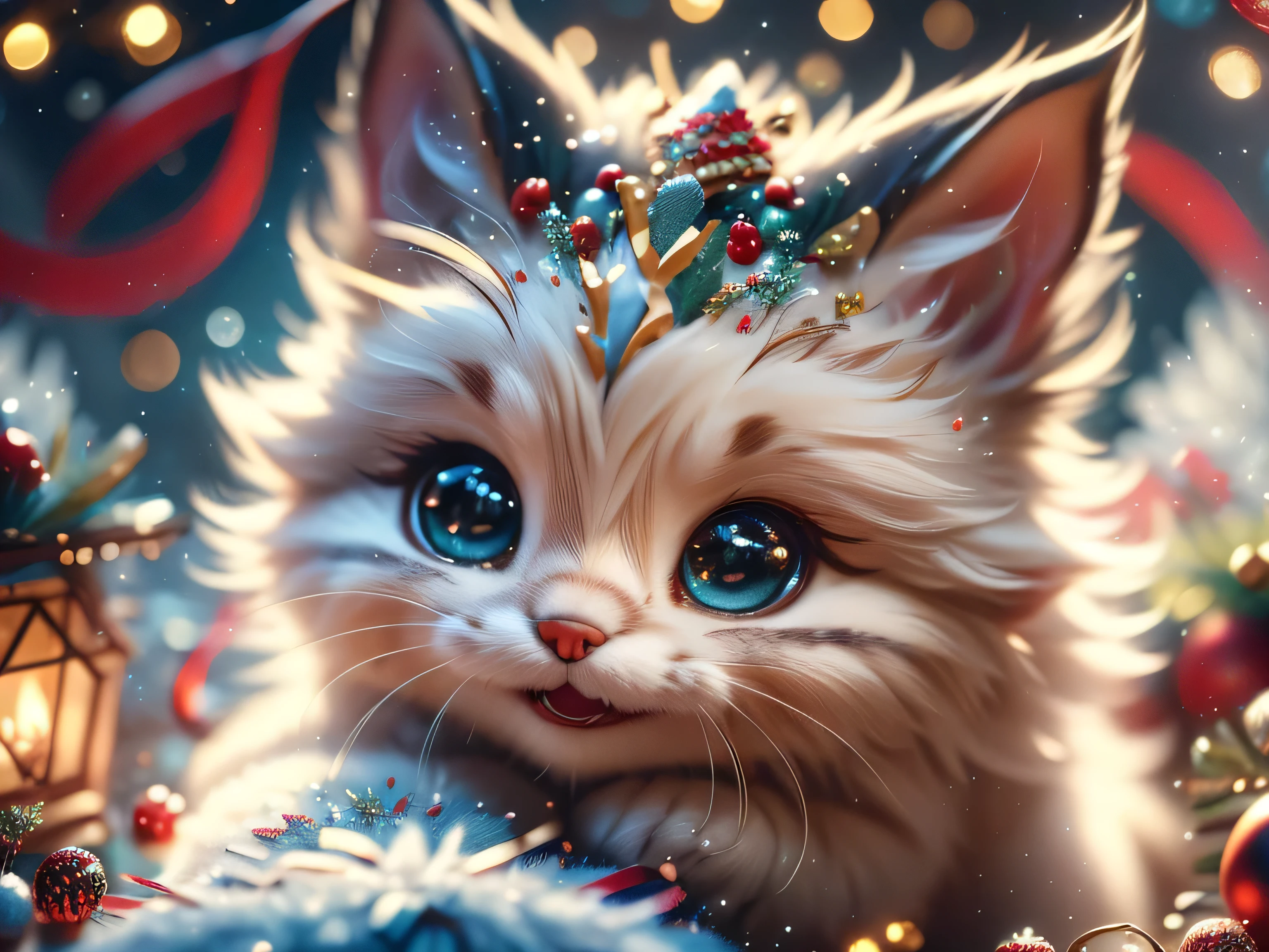 Magical Fantasy Creature (Best Quality, Masterpiece, Representative Work, Official Art, Professional, Super Detail, 8k:1.3), (Photorealism:1.2) A very cute cat, Big Eyes, Soft, Soft Nose, Fluffy, Two-Toothed Smile, nestles in a Christmas gift box. The cat should be clearly visible, his fluffy fur and playful gaze peeking out from under the brightly colored lid of the box. Around the box, arrange colorful festive wrapping paper with snowflake and tree patterns. In the background, add a beautifully decorated Christmas tree with twinkling lights and shiny ornaments. Include festive elements such as garlands, laid out presents, and snowflakes falling from the sky. Create a warm and cozy atmosphere that reflects the joy and magic of the Christmas season. Aurorastyle, Highly detailed Dynamic shot, high quality, beautiful masterpiece, fantasy creature, kawaii, digital art, glowing sparkles, Realistic, Beautiful, Stars in Eyes, Soft Volumetric Light, (Backlight:1.3), (Cinematic:1.2), Intricate Details, (ArtStation:1.3), --auto --s2