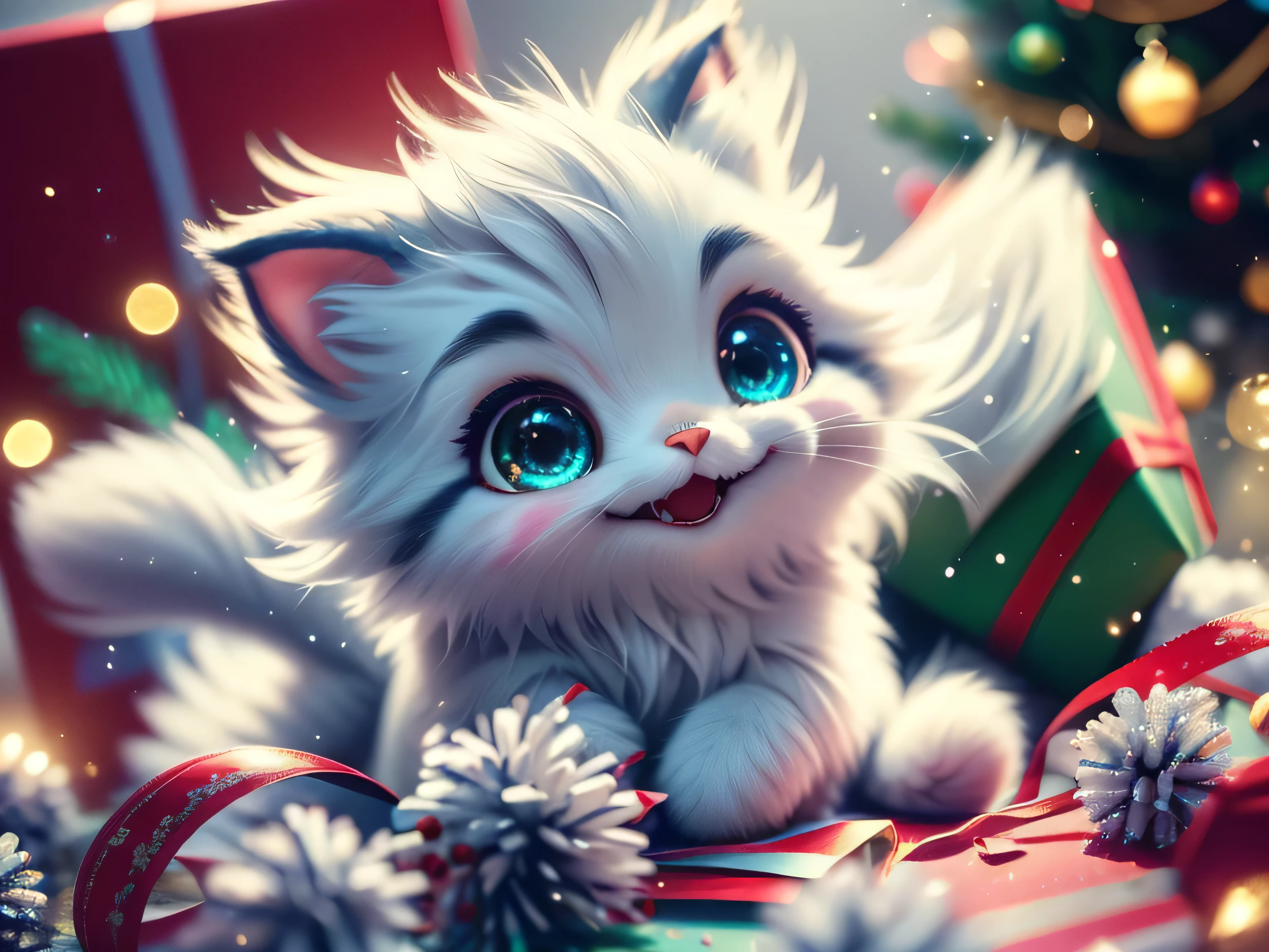 Magical Fantasy Creature (Best Quality, Masterpiece, Representative Work, Official Art, Professional, Super Detail, 8k:1.3), (Photorealism:1.2) A very cute cat, Big Eyes, Soft, Soft Nose, Fluffy, Two-Toothed Smile, nestles in a Christmas gift box. The cat should be clearly visible, his fluffy fur and playful gaze peeking out from under the brightly colored lid of the box. Around the box, arrange colorful festive wrapping paper with snowflake and tree patterns. In the background, add a beautifully decorated Christmas tree with twinkling lights and shiny ornaments. Include festive elements such as garlands, laid out presents, and snowflakes falling from the sky. Create a warm and cozy atmosphere that reflects the joy and magic of the Christmas season. Aurorastyle, Highly detailed Dynamic shot, high quality, beautiful masterpiece, fantasy creature, kawaii, digital art, glowing sparkles, Realistic, Beautiful, Stars in Eyes, Soft Volumetric Light, (Backlight:1.3), (Cinematic:1.2), Intricate Details, (ArtStation:1.3), --auto --s2