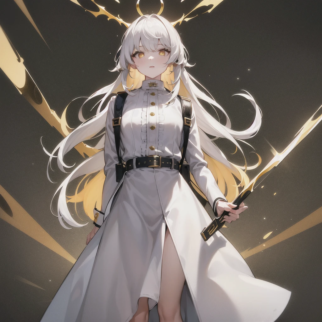 masterpiece, best quality, (ognx:1.3),masterpiece, shotgun, 1girl, solo, gold eyes, long hair, white hair, big yellow hair pin, belts, backpack, white coat, black skirt, standing in center, looking at viewer, flat white background, full body, masterpiece, best quality, highres,