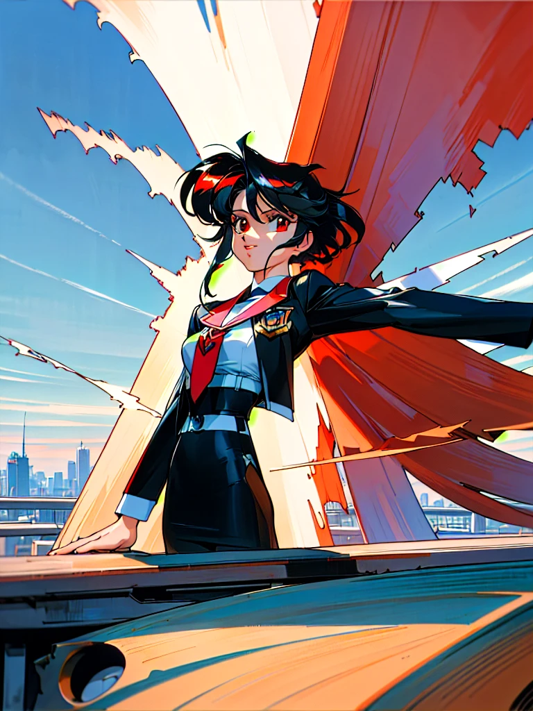 Kiki the Witch's Delivery Service、She has a red ribbon on her head。Dress is a black one-piece、Standing in the neon-lit city at night with a broom