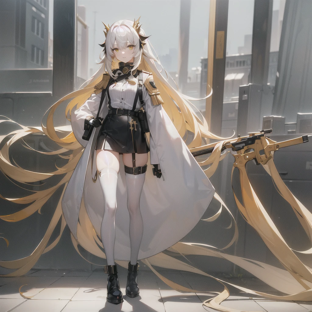 masterpiece, best quality, (ognx:1.3),masterpiece, 1girl, solo, gold eyes, long hair, white hair, shotgun, big yellow hair pin, belts, backpack, white coat, black skirt, standing in center, looking at viewer, flat white background, full body, masterpiece, best quality, highres,