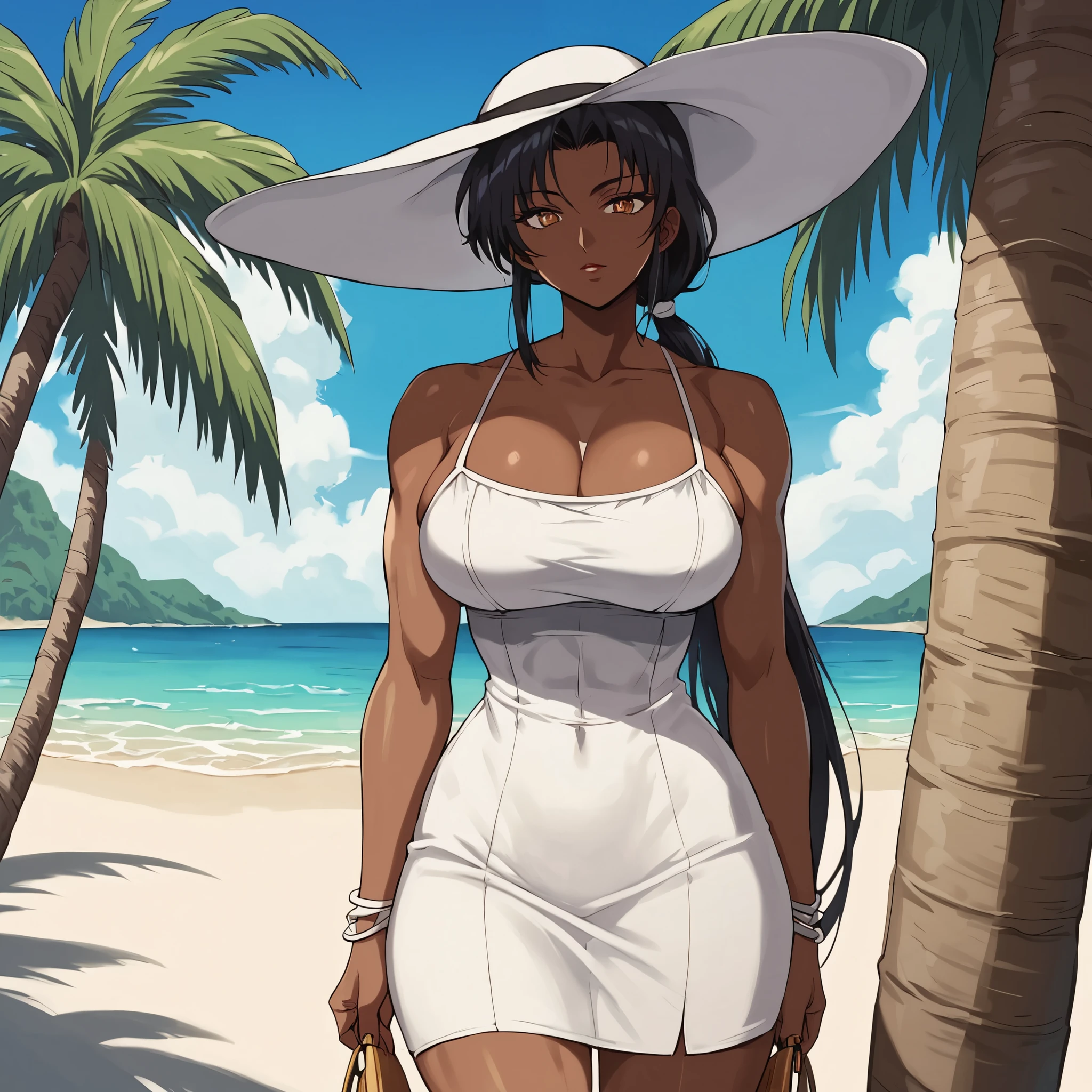 score_9, score_8_up, score_7_up,1girl, very tall girl, muscular body, (((((dark skin))))), perfect beautiful face, long eyelashes, sharp eyes pupils, dark hair, very long hair, large breasts, white sundress,white brimmed hat,sandals, (outdoors, ,beach,palm trees,) / standing, seductive face, look at viewer, closeup, low ponytail, cowboy shot, 80swa