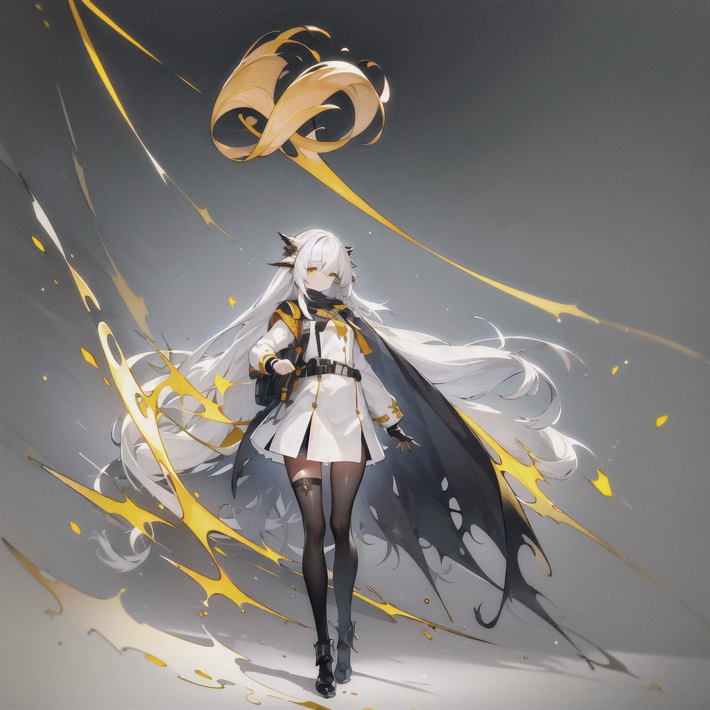 masterpiece, best quality, (ognx:1.3),masterpiece, 1girl, solo, gold eyes, long hair, white hair, shotgun, big yellow hair pin, belts, backpack, white coat, black skirt, standing in center, looking at viewer, flat white background, full body, masterpiece, best quality, highres,