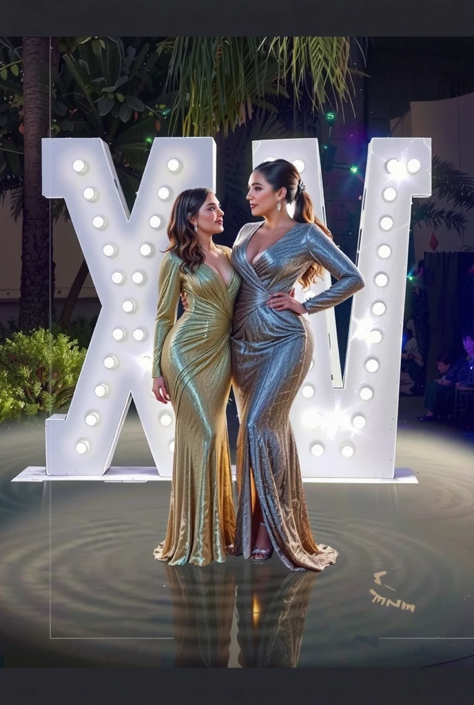 Two stunning women posing elegantly in front of giant marquee letters ‘XV’ glowing with warm white lights, standing on a reflective water surface that softly ripples beneath them. One woman wears a golden, shimmering, long-sleeve gown with a high slit, while the other is dressed in a silver, sparkling gown with a similar design. The scene exudes luxury and sophistication, with the women’s confident poses and glamorous hairstyles—one styled in loose waves and the other in a sleek ponytail. The background features lush greenery and palm trees, subtly illuminated by soft, cinematic evening lighting, creating a magical and festive atmosphere. The overall composition highlights elegance, celebration, and a refined party aesthetic.Cabello largo, Sonrisa, UHD, Cabello largo, Sonrisa, Hiperdetallado, Hiperrealismo, Fotorrealista, Hiperdetallado, Cinematografía, Película, 