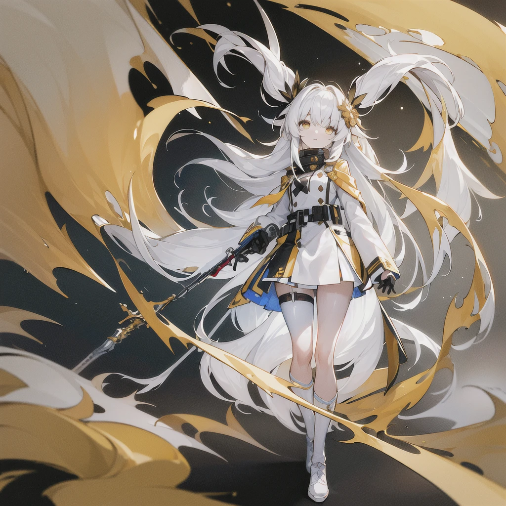 masterpiece, best quality, (ognx:1.3),masterpiece, 1girl, solo, gold eyes, long hair, white hair, shotgun, big yellow hair pin, belts, backpack, white coat, black skirt, standing in center, looking at viewer, flat white background, full body, masterpiece, best quality, highres,