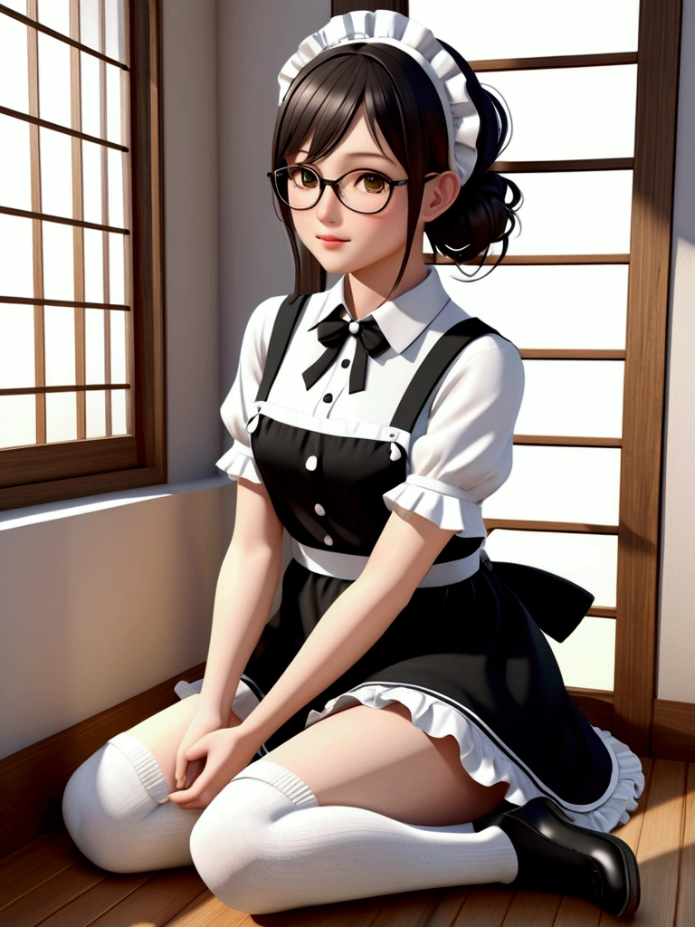 Top quality, high resolution, masterpiece, high resolution, textured skin, realism, 3D, CG, detailed face, beautiful and very cute young woman (randomly selected race, hairstyle, hair length, hair color, with or without glasses) wearing shiny black knee-high socks, black strap shoes, black maid apron up to the knees, short sleeved white blouse with buttons and frills, headband: 6), (full body), (woman standing and performing one of the following poses randomly, such as putting hands in pockets, placing hands on hips, lifting glasses with fingers (center or edge of glasses) if wearing glasses, clasping hands behind back, placing hands on knees, or other suitable poses: 5.5), (camera angles randomly determined from all angles centered on woman), (locations randomly selected from dining room, indoors, rooftop balcony, bedroom, indoor stairs, living room, indoor hallway, kitchen), (day, night, evening are randomly selected: 5.4), perfect hands, feet and body structure