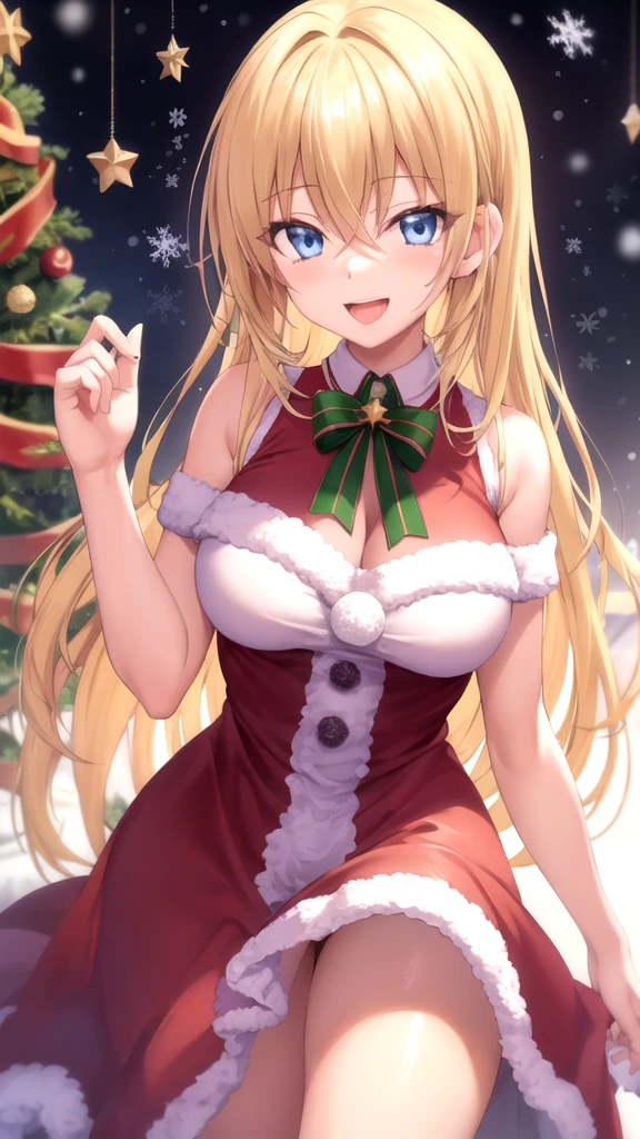 masterpiece, best quality, high quality, girl, solo, looking at viewer, yuuto_kiba, blonde hair, blue eyes, hair between eyes, large breasts, merry christmas Dress, standing, smile, open mouth,