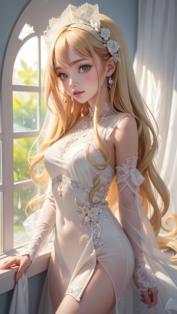 (masterpiece, best quality, beautiful and aesthetic:1.3), (A beautiful elf lady), look back, side view, 1 elf girl, (solo:1.3), light smile, (honey blonde hair streaked beige:1.4), (Gradient sliver hair ends:1.6), hair strand, absurdly long hair, single sidelock, wavy hair, shiny hair, floating hair, (sky blue eyes), delicate eyes, aqua eyes, super high detailed eyes, long upper eyelashes, eyes makeup, red lips, elf up-turn pointy ears, Focus on face, Very detailed facial, (Pretty Face:1.3), Perfect medium chest, slim body, porcelain skin, (Delicate skin texture:1.2), (Highly detailed skin:1.2), bridal veil, lace-trimmed dress, see-through, wedding dress, (outdoors), white roses, garden, (morning), detailed background, beautiful background, standing, whole body, extreme detailed, Edge lighting, two color lights, 8K UHD, Bokeh, イーブイの絵, soft light, Volumetric lighting, confess, warm tone