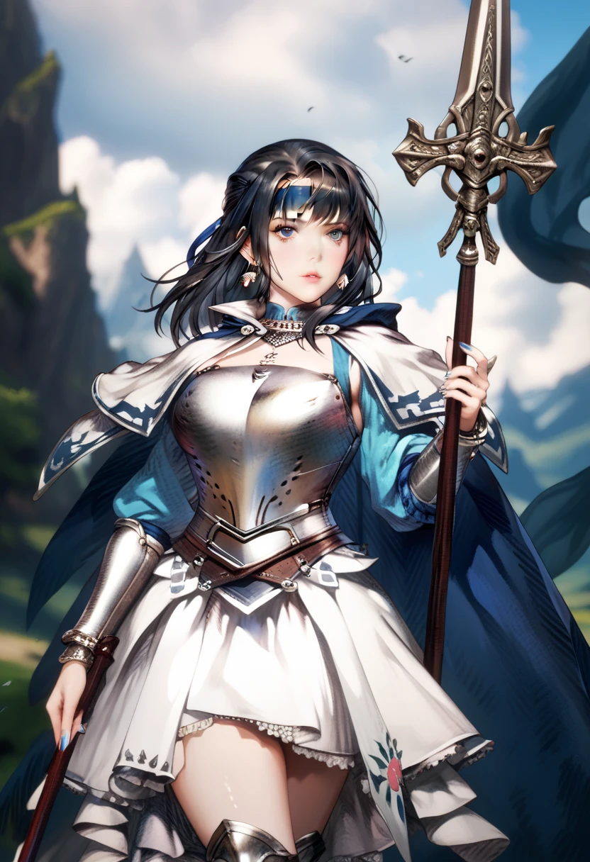 1girl, weapon, polearm, shield, solo, black hair, holding, holding polearm, holding weapon, spear, , jewelry, nail polish, outdoors, earrings, cape, long hair, holding shield, looking at viewer, armor, red cape, blurry, sky, belt, headband, cloud, blue nails, blurry background, lips, zPDXL3, detailxl, Score_PnyReal
