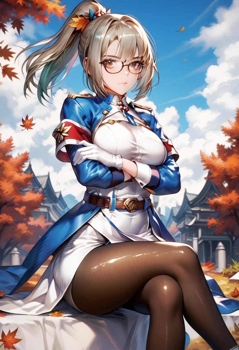 1girl, green hair, solo, pantyhose, crossed arms, gloves, crossed legs, white gloves, glasses, looking at viewer, ponytail, sitting, armband, sky, belt, brown eyes, outdoors, uniform, blue sky, long sleeves, leaf, closed mouth, cloud, military uniform, day, jacket, autumn leaves, brown pantyhose, blue jacket, high ponytail, red armband, breasts, zPDXL3, detailxl, Score_PnyReal
