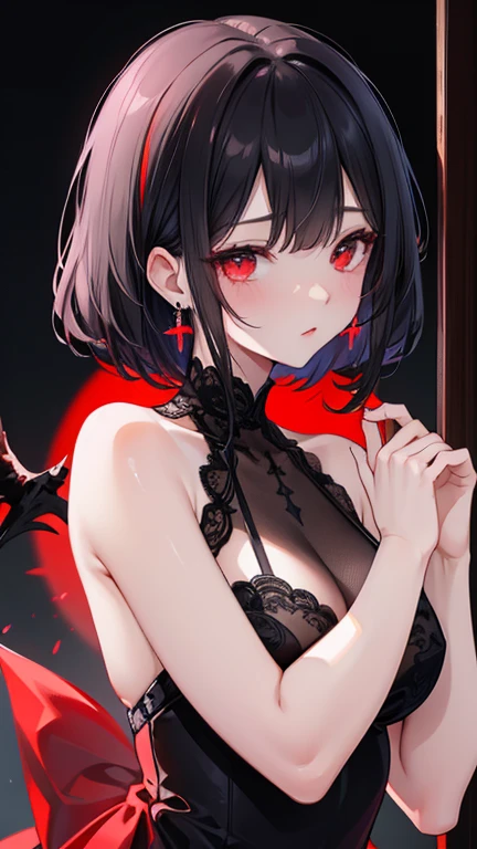 Girl with black hair tied in a ponytail having sex in semi-naked black lingerie with lace eyes, one black and one red