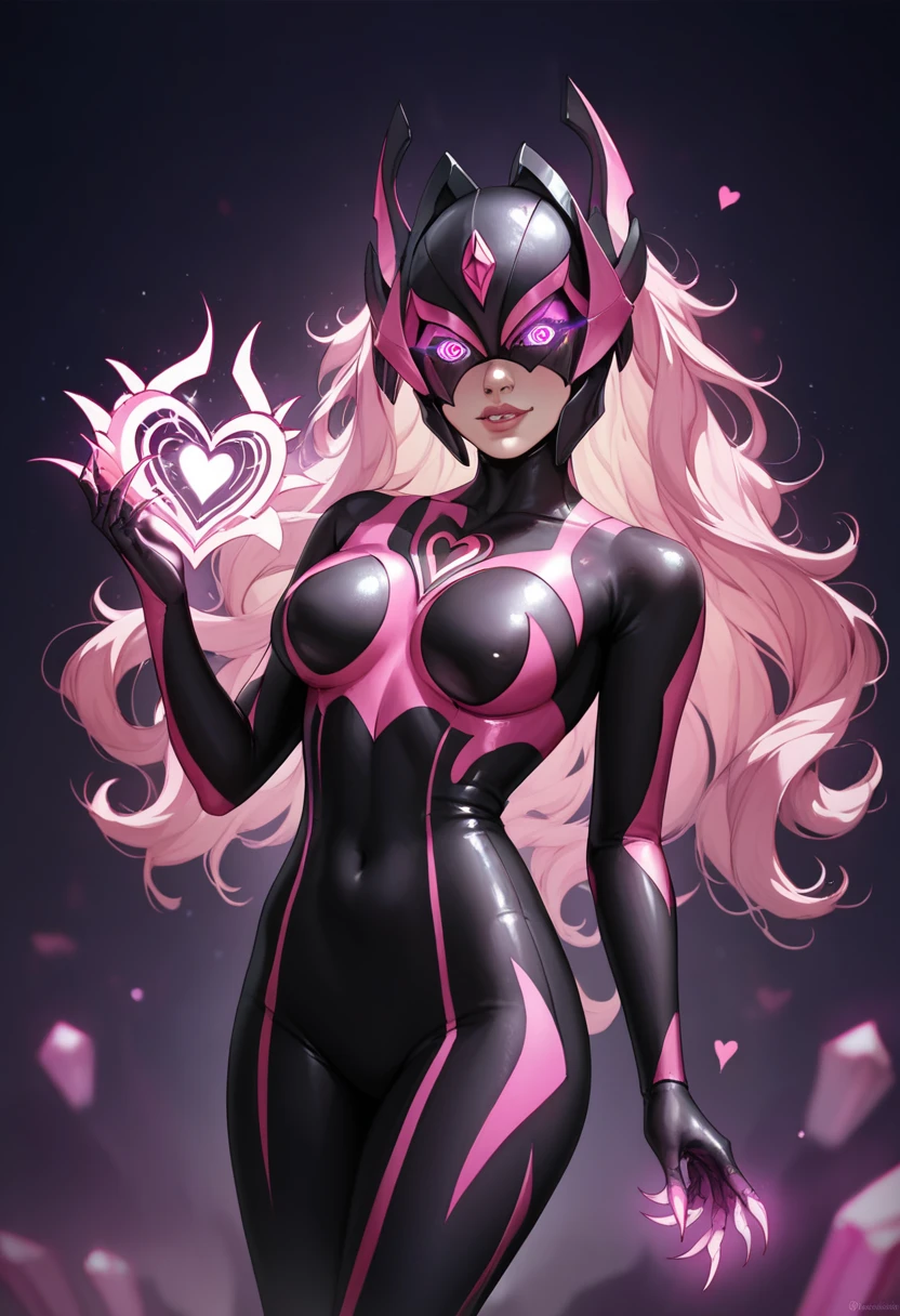 Dark UltraWoman. （high quality）（luster）（(Black Face and red eyeline)）（Black and purple thema color. black helmet. A full-face helmet. Pink lines. Purple glowing mechanical eyes. The whole body is covered with a black bodysuit. Thick legs. Spike decoration. Pink lines all over the body. Heart tattoo . purple coloreye. pink glow crystal. pink sharp claw. Night background.