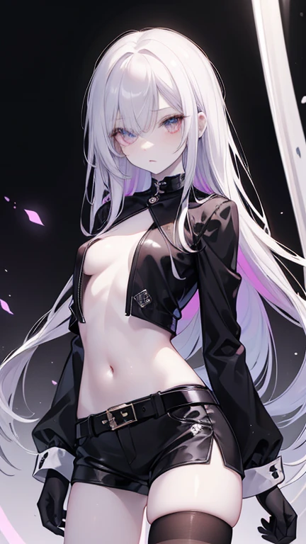 young girl, Long white hair, cat ears, violet eyes, leather jacket, briefs, tear stockings, Black Top, open belly, Lots of scars, claws, anger, Masterpiece, hiquality