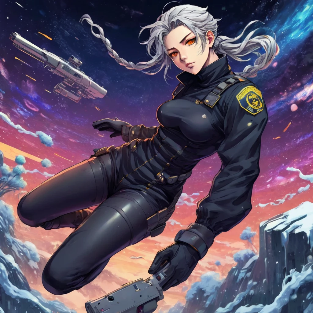 A boy with，Golden eyes，Medium length gray hair，A twisted braid，Black turtleneck tight-fitting top，Crop topping，Half-fingered gloves，Over-the-knee boots，frosty，lies on the ground ;James Jean Simple&quot; Psychedelic Art，Mask ，Chasing in space , anime, anime, anime art, anime, anime comics, anime, anime art, anime, anime, anime, anime, anime, best anime 4k konachan wallpaper, Digital Cyberpunk - Anime Art, digital cyberpunk anime art, cyberpunk anime, anime cyberpunk art, cyberpunk anime art, anime cyberpunk, digital cyberpunk anime!!, metal gear solid anime cyberpunk, male police , leather 