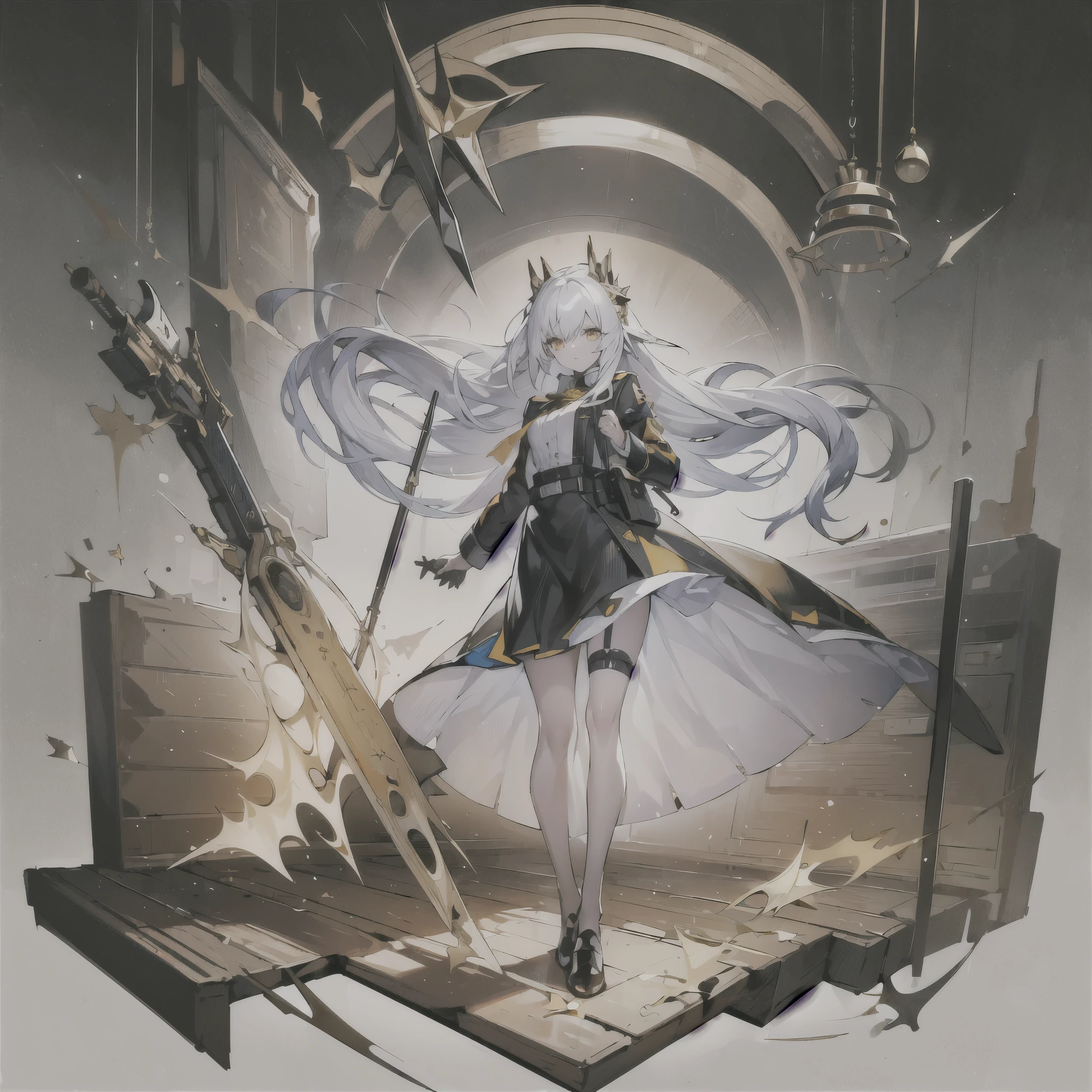 masterpiece, best quality, (ognx:1.3),masterpiece, 1girl, solo, gold eyes, long hair, white hair, shotgun, big yellow hair pin, belts, backpack, white coat, black skirt, standing in center, looking at viewer, flat white background, full body, masterpiece, best quality, highres,