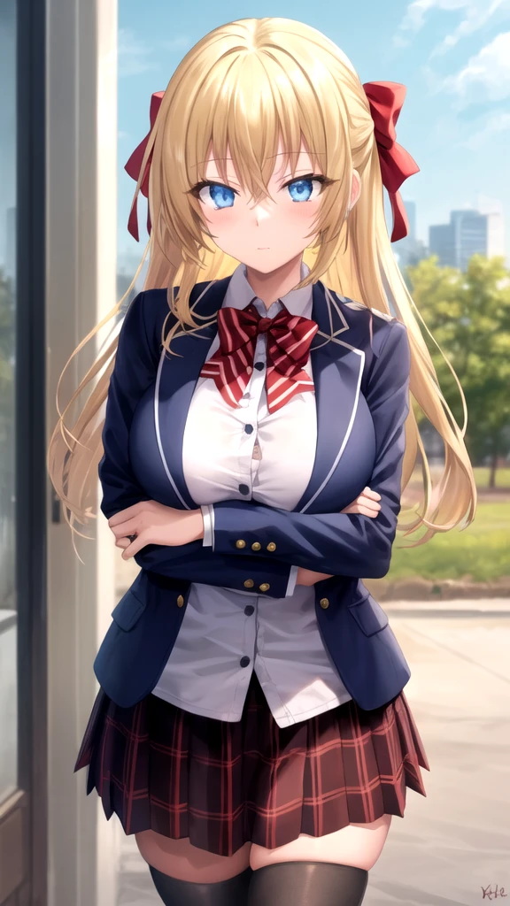 masterpiece, best quality, high quality, girl, solo, looking at viewer, yuuto_kiba, blonde hair, blue eyes, hair between eyes, large breasts, Red bow, striped bow, blazer, blue jacket, long sleeves, plaid skirt, brown skirt, black thighhighs, outdoors, cowboy shot, standing, looking at viewer,