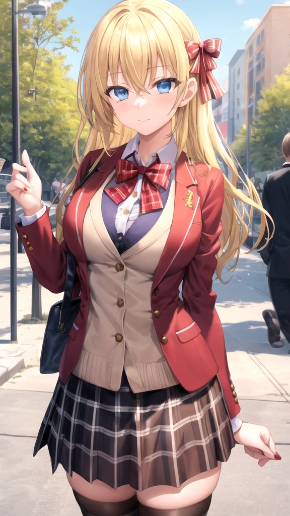 masterpiece, best quality, high quality, girl, solo, looking at viewer, yuuto_kiba, blonde hair, blue eyes, hair between eyes, large breasts, Red bow, striped bow, blazer, blue jacket, long sleeves, plaid skirt, brown skirt, black thighhighs, outdoors, cowboy shot, standing, looking at viewer,