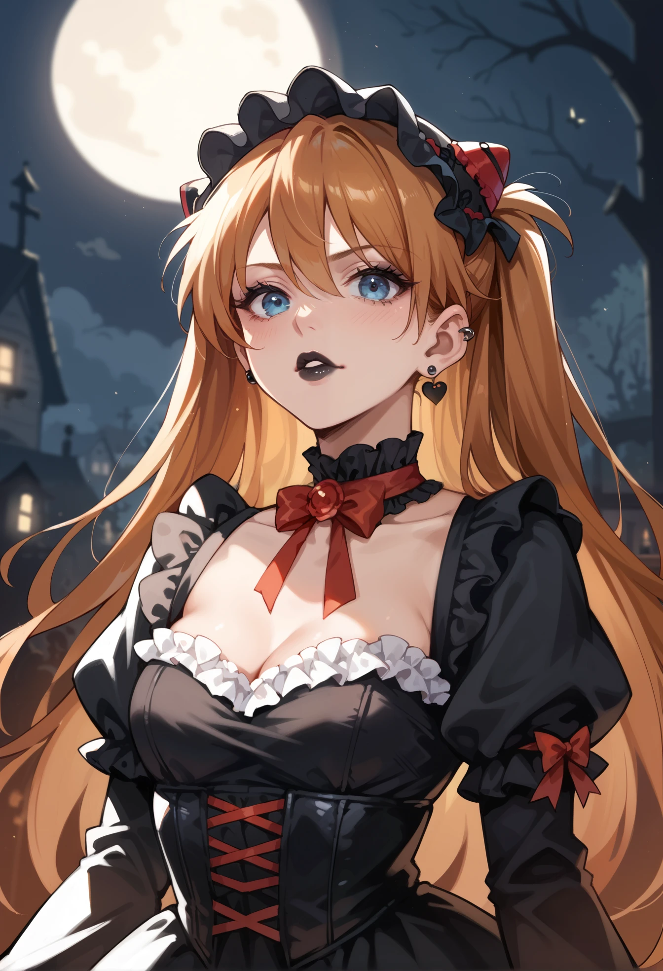(best quality, masterpiece:1.1),   full body, sideview,  (facing up:1.2), looking up, (1female), benevolent face, orange hair, very long hair, wavy hair,        rogue, corset shirt, (red leather pants:1.1), (straps buckles:1.2), armor, ( Dreamlike Nightscape, Gothic Castle Under Full Moon, Dark Bara Tree, Bats Flying Above, Sitting On The Top Castle Wall, (fantasy, medieval, ancient)),