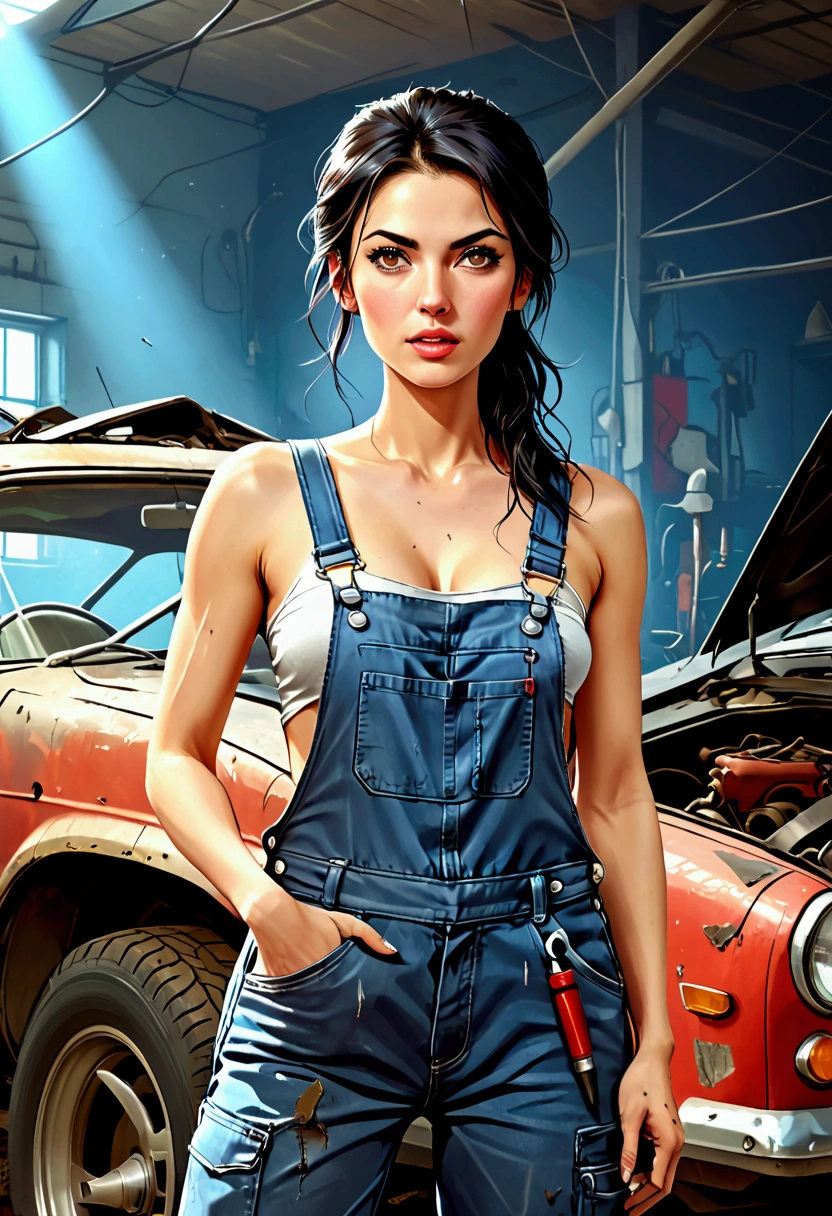   Beautiful woman as a mechanic in a car repair shop, Shirtless in dirty dungarees  ,   she is standing in front of a car wreck , UHD,  realistic 