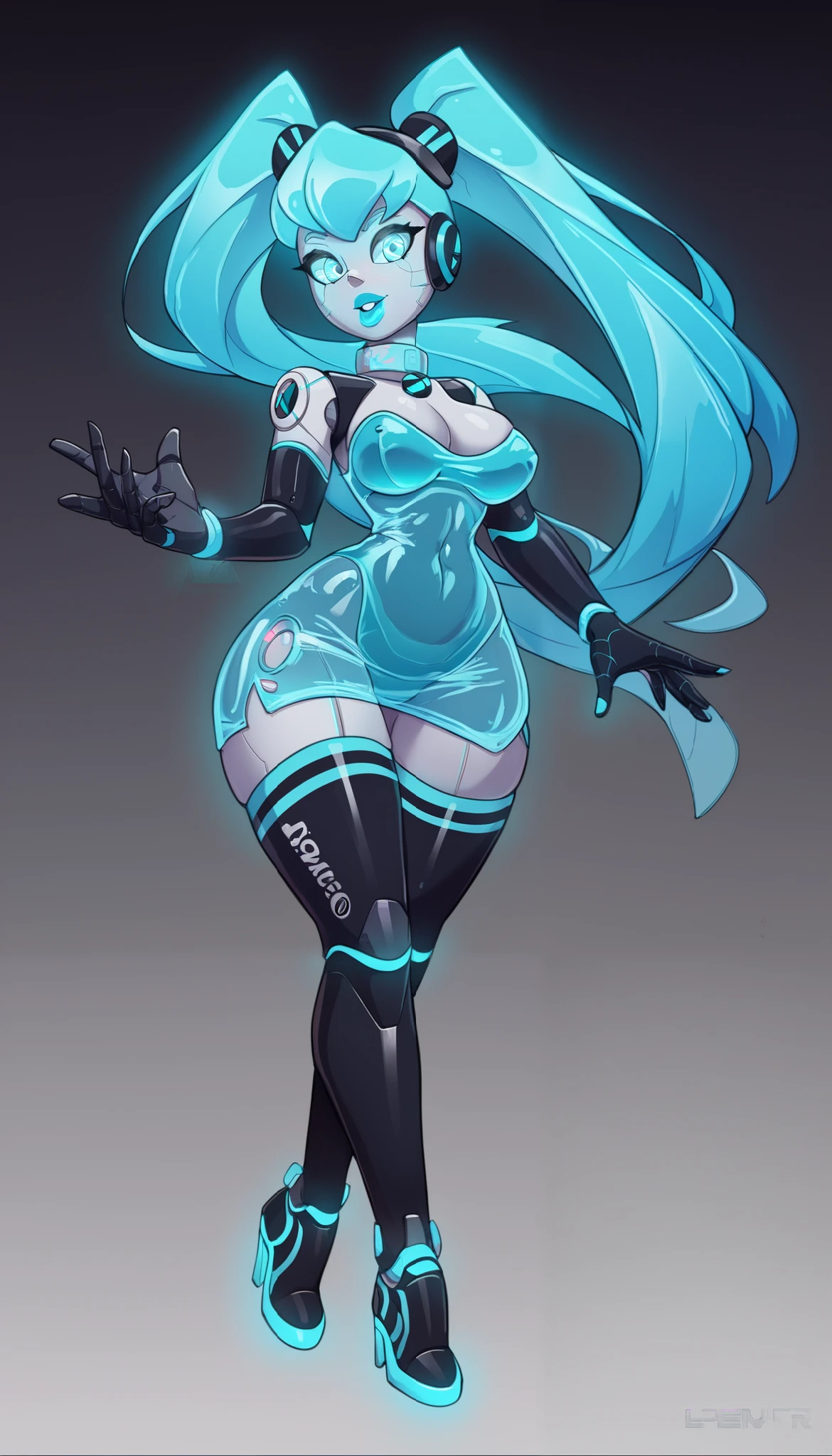 Robot female  , short stack,big butt ,wearing short dress , short Breasts , White Dress，BLUE hair ,sci-fi Style , Shy expression，long hair, 