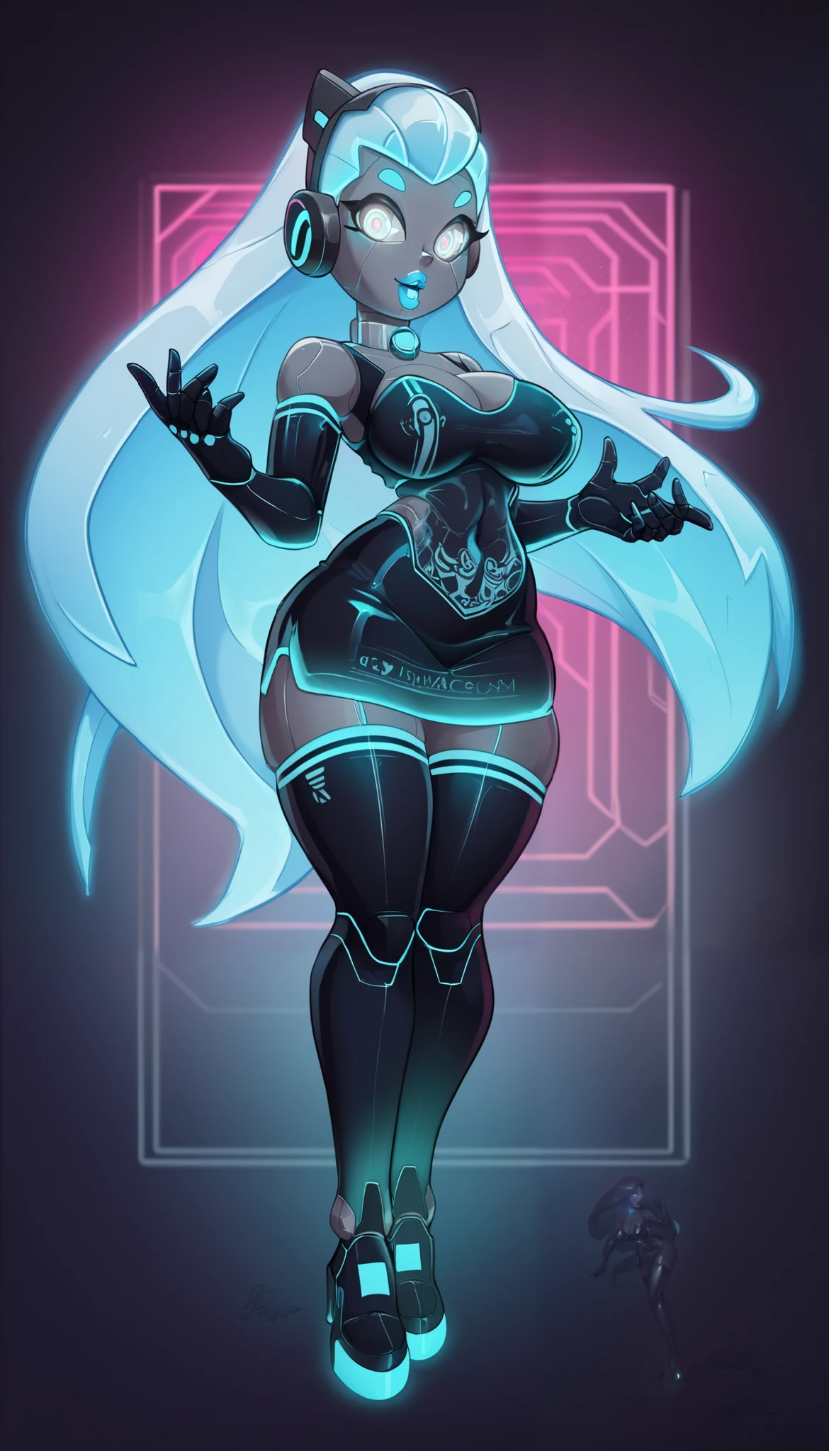 1girl, red eyes, blue hair, very short hair, ponytail, large breasts, hourglass figure, bodysuit, black bodysuit, neon, neon trim, machinery, tech, science-fiction, red glasses, futuristic, smile, standing, full body, ((full body)), ((long ponytail)), arms down, hands down