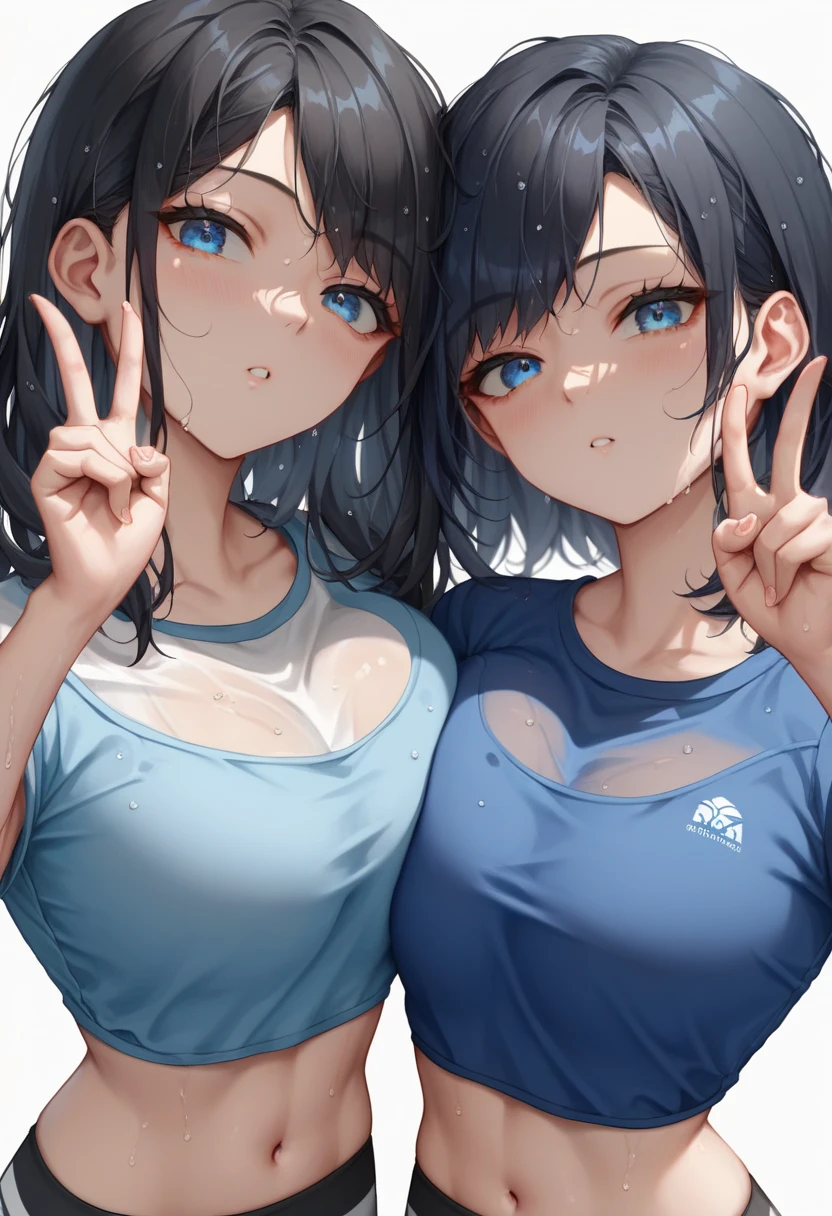 score_9, score_8_up, score_7_up, source_anime, best quality, clear face,skinny cool girl,black hair, blue eyes, medium hair, large breasts, perfect body, s, looking at viewer, lewd sexy,blue shirt,summer, dynamic angle,two hair strains on sides,medium hair,middle part,tight clothes,sexy pose,lewd face,wet face,sexy,face close up,ahega,double peace sign,very close to face,only face,only upper body,see though clothes, wet