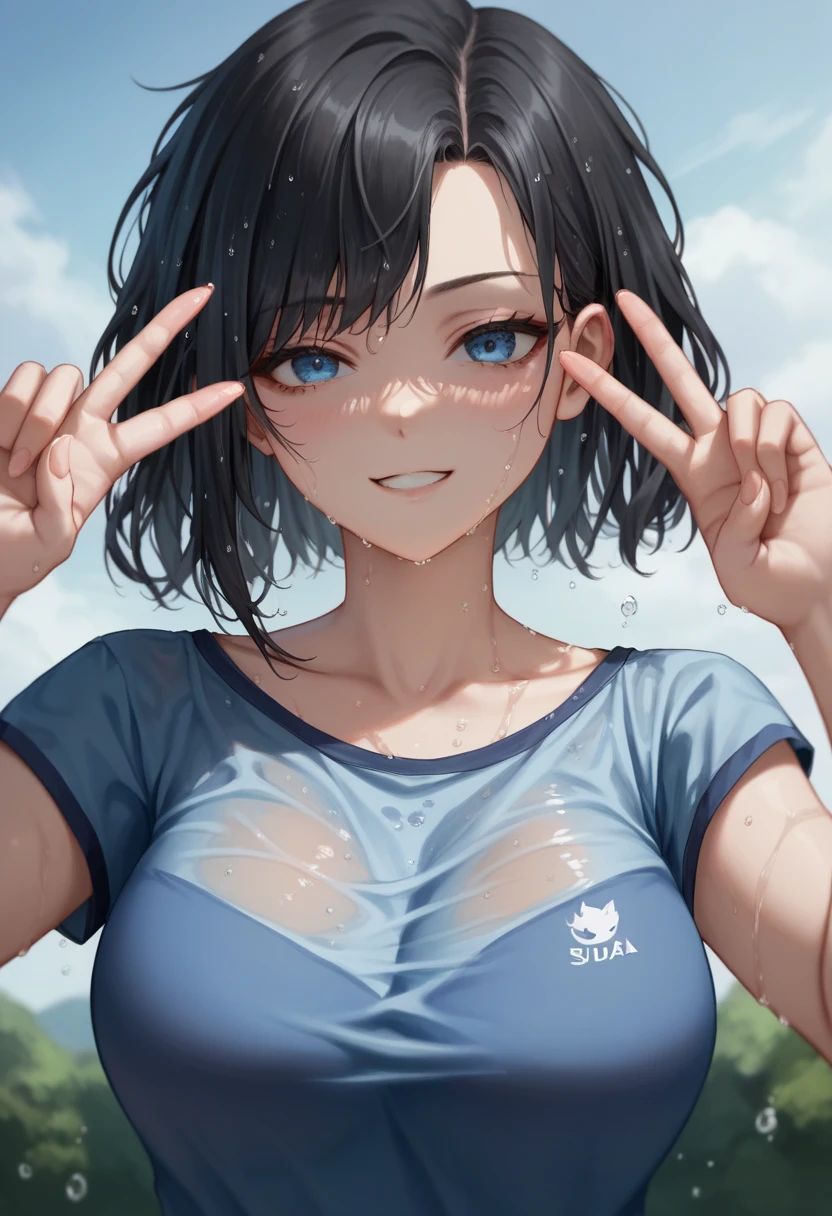 score_9, score_8_up, score_7_up, source_anime, best quality, clear face,skinny cool girl,black hair, blue eyes, medium hair, large breasts, perfect body, s, looking at viewer, lewd sexy,blue shirt,summer, dynamic angle,two hair strains on sides,medium hair,middle part,tight clothes,sexy pose,lewd face,wet face,sexy,face close up,ahega,double peace sign,very close to face,only face,only upper body,see though clothes, wet