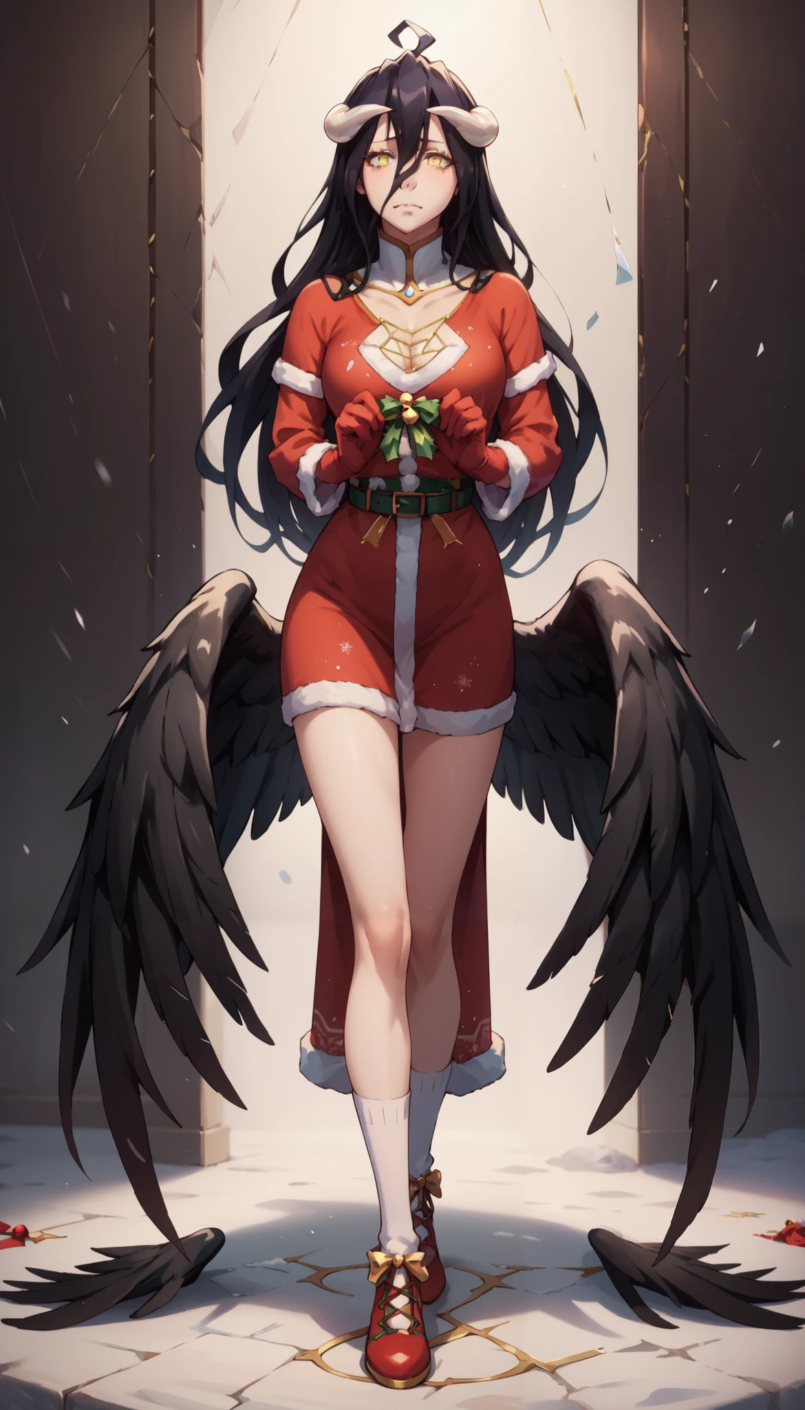 score_9, score_8_up, score_7_up, BREAK, 1girl, solo, breasts, Anime style, albedo, ((clothes santa)), Black wings grow from the waist, Yellow eyes,(black outline), (full body in view)