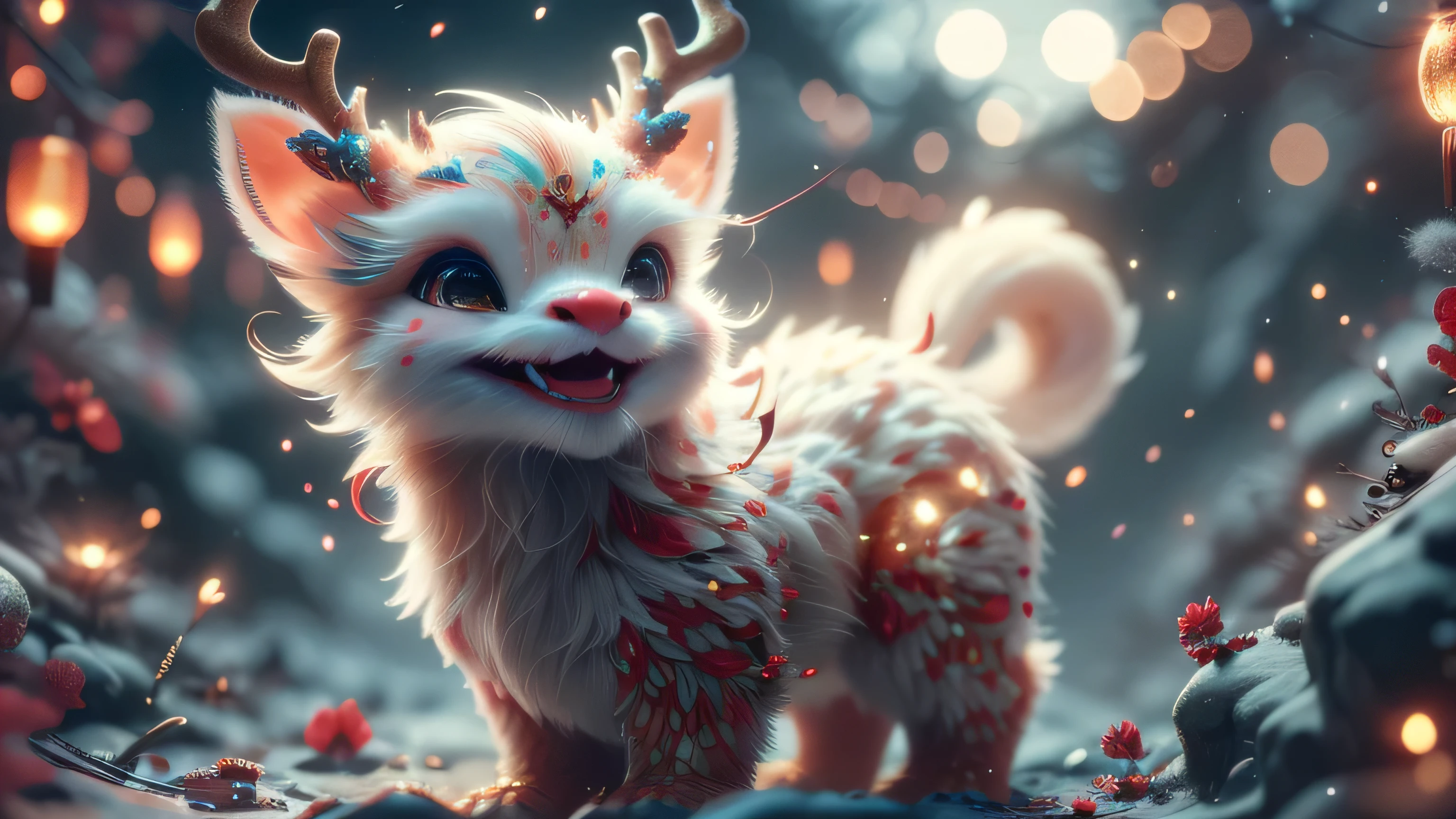 Magical Fantasy Creature, (Best Quality, Masterpiece, Representative Work, Official Art, Professional, Super Detailed, 8k:1.3), (Photorealism:1.2) Super Cute, Big Eyes, Soft, Soft Nose, Fluffy, Double-Toothed Smile, Aurorastyle, Highly detailed Dynamic shot of majestic adorable baby reindeer, high quality, beautiful masterpiece, fantasy creature, kawaii, digital art, glowing sparkles, Realistic, Beautiful, Stars in Eyes, Soft Volumetric Light, (Backlight:1.3), (Cinematic:1.2), Intricate Details, (ArtStation:1.3), --auto --s2