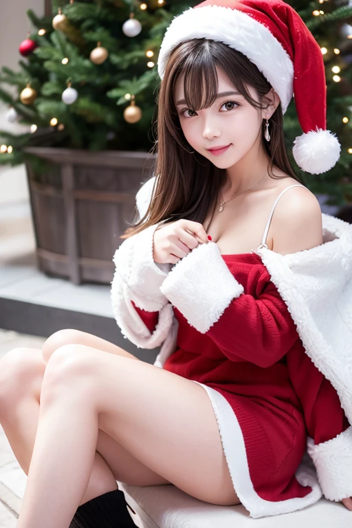 ((Very NSFW、masuter piece、Best Quality、masutepiece、top-quality、Highest Standards、Top image quality、a very beautiful woman、A beautiful woman full of charm、Intense pale blue eyes、Strong highlights of the eyes、Perfect Anatomy、Dynamic lighting、lipgloss))、(Raw photo:1.2)、(photoRealstic:1.4)、((Almost never look up、Look firmly at the camera))、Beautiful face with perfect symmetry、beautiful detailed women、extremely detailed eye and face、beatiful detailed eyes、Smile at your audience、Laugh very expressively、Very smiling、laughing very happily、Beautiful teeth、Beautiful teeth alignment、ultra-detailliert、ighly detailed、((Beautiful female Santa Claus uniform、Crimson Santa Claus Knitted Costume、Crimson Knitted Santa Claus Hat、Knit Off Shoulder Santa Claus Costume、Large buttons、Very thick red shoulder strap for knitwear:1.4))、Light on the Face、28-year-old girl、((dynamicposes))、(camel's toe)、(Sitting on legs with bent knees)、shorth hair、crossed bangs、asymmetrical bangs、Short bob cut、long neck、Put your ears out、bansig eye、Lashes、kawaii、large full breasts、Very beautiful big、very beautiful breast shape、Beautiful cleavage、tall supermodel、Long-legged supermodel、Supermodel with wide right shoulder colored eyes、Lose shadows on the face、Shadow Fade:1.1、A little natural light coming in from the front、Christmas daytime snowy winter nature background、The face brightens a little、Light on the Face、PAW Pose、Grab your own chest、Touching your own breasts