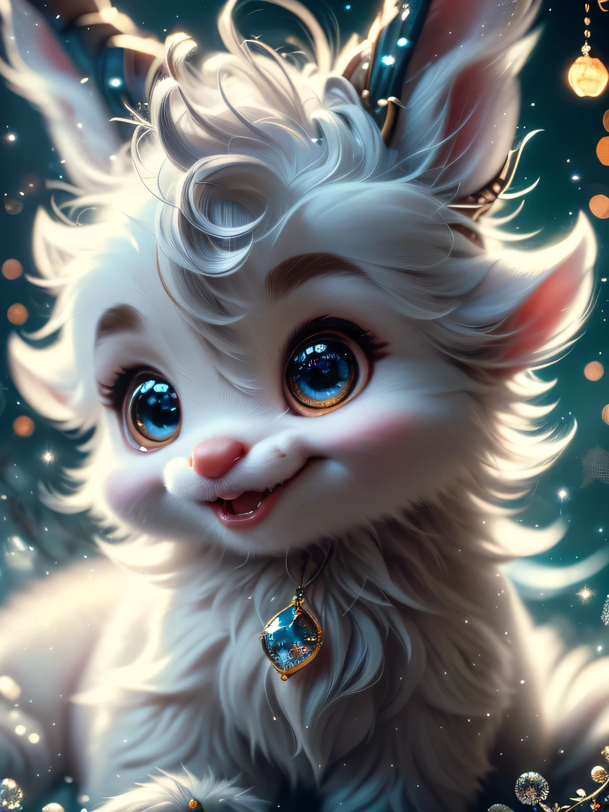 Magical Fantasy Creature, (Best Quality, Masterpiece, Representative Work, Official Art, Professional, Super Detailed, 8k:1.3), (Photorealism:1.2) Super Cute, Big Eyes, Soft, Soft Nose, Fluffy, Double-Toothed Smile, Aurorastyle, Highly detailed Dynamic shot of majestic adorable  reindeer, high quality, beautiful masterpiece, fantasy creature, kawaii, digital art, glowing sparkles, Realistic, Beautiful, Stars in Eyes, Soft Volumetric Light, (Backlight:1.3), (Cinematic:1.2), Intricate Details, (ArtStation:1.3), --auto --s2