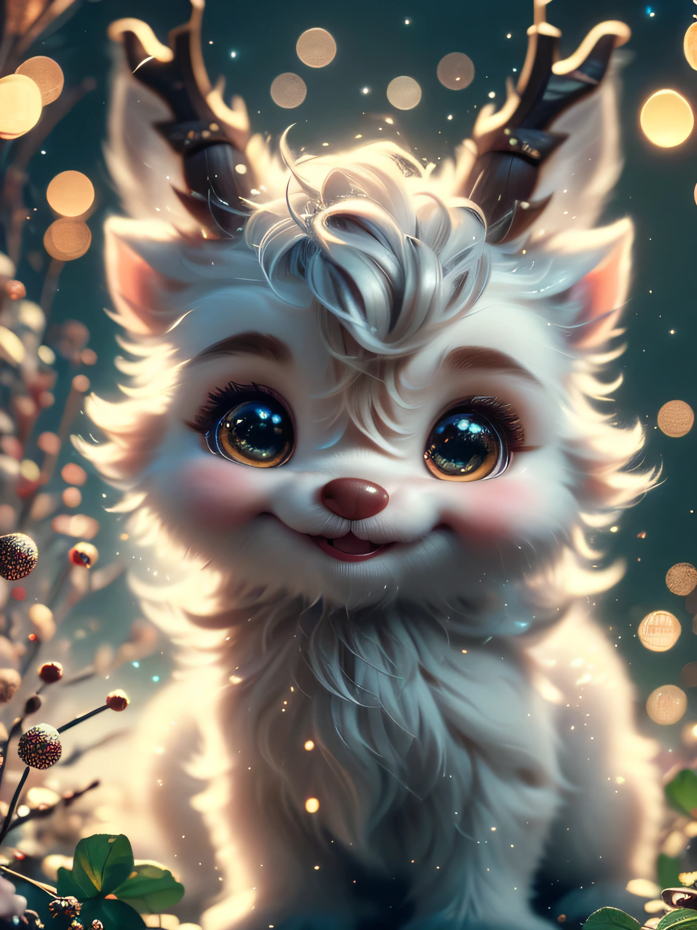 Magical Fantasy Creature, (Best Quality, Masterpiece, Representative Work, Official Art, Professional, Super Detailed, 8k:1.3), (Photorealism:1.2) Super Cute, Big Eyes, Soft, Soft Nose, Fluffy, Double-Toothed Smile, Aurorastyle, Highly detailed Dynamic shot of majestic adorable  reindeer, high quality, beautiful masterpiece, fantasy creature, kawaii, digital art, glowing sparkles, Realistic, Beautiful, Stars in Eyes, Soft Volumetric Light, (Backlight:1.3), (Cinematic:1.2), Intricate Details, (ArtStation:1.3), --auto --s2