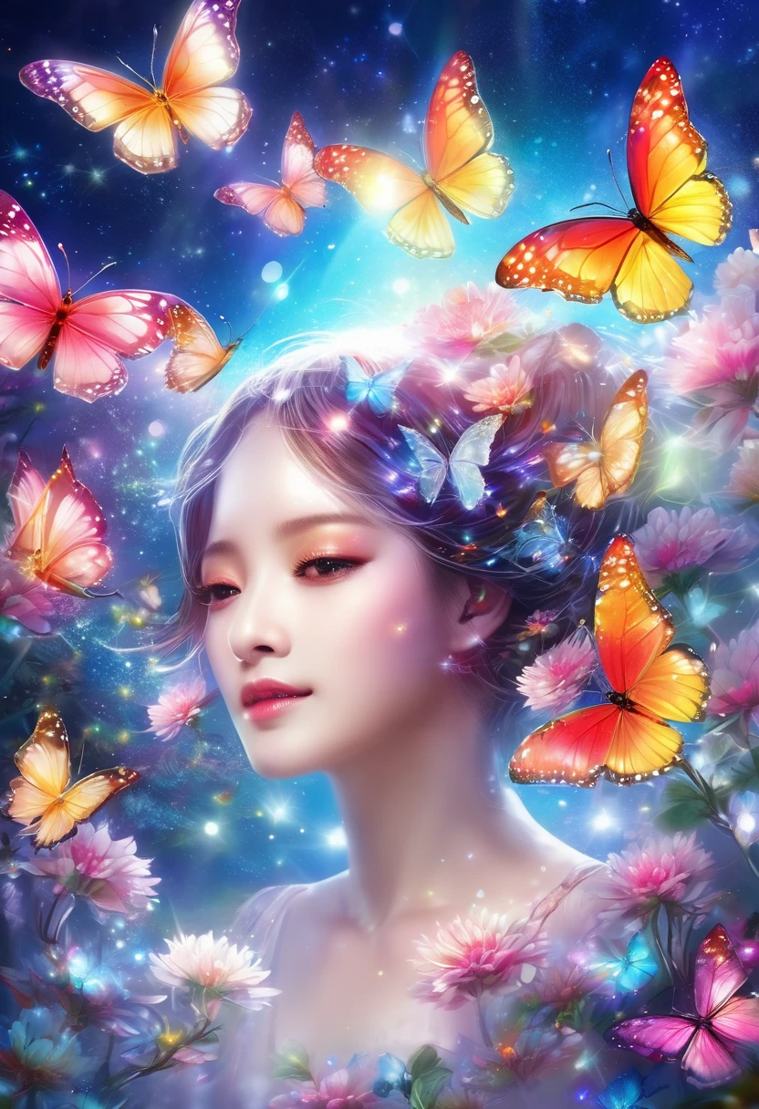  crystal spring blossom,
fantasy, milky way, transparent, 
Sparkling, Sparkling,  wonderful,  colorful , 
Magical Painting, Dramatic lighting,  photorealistic ,  super detailed, 4K,  Deep Borders ,  High Resolution 、flower々There are many beautiful, seven-colored butterflies that shine brightly fluttering around