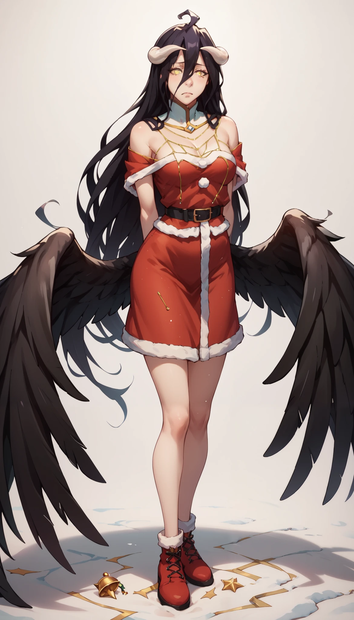 score_9, score_8_up, score_7_up, BREAK, 1girl, solo, breasts, Anime style, albedo, ((clothes santa)), Black wings grow from the waist, Yellow eyes,(black outline), (full body in view), ракурс снизу 