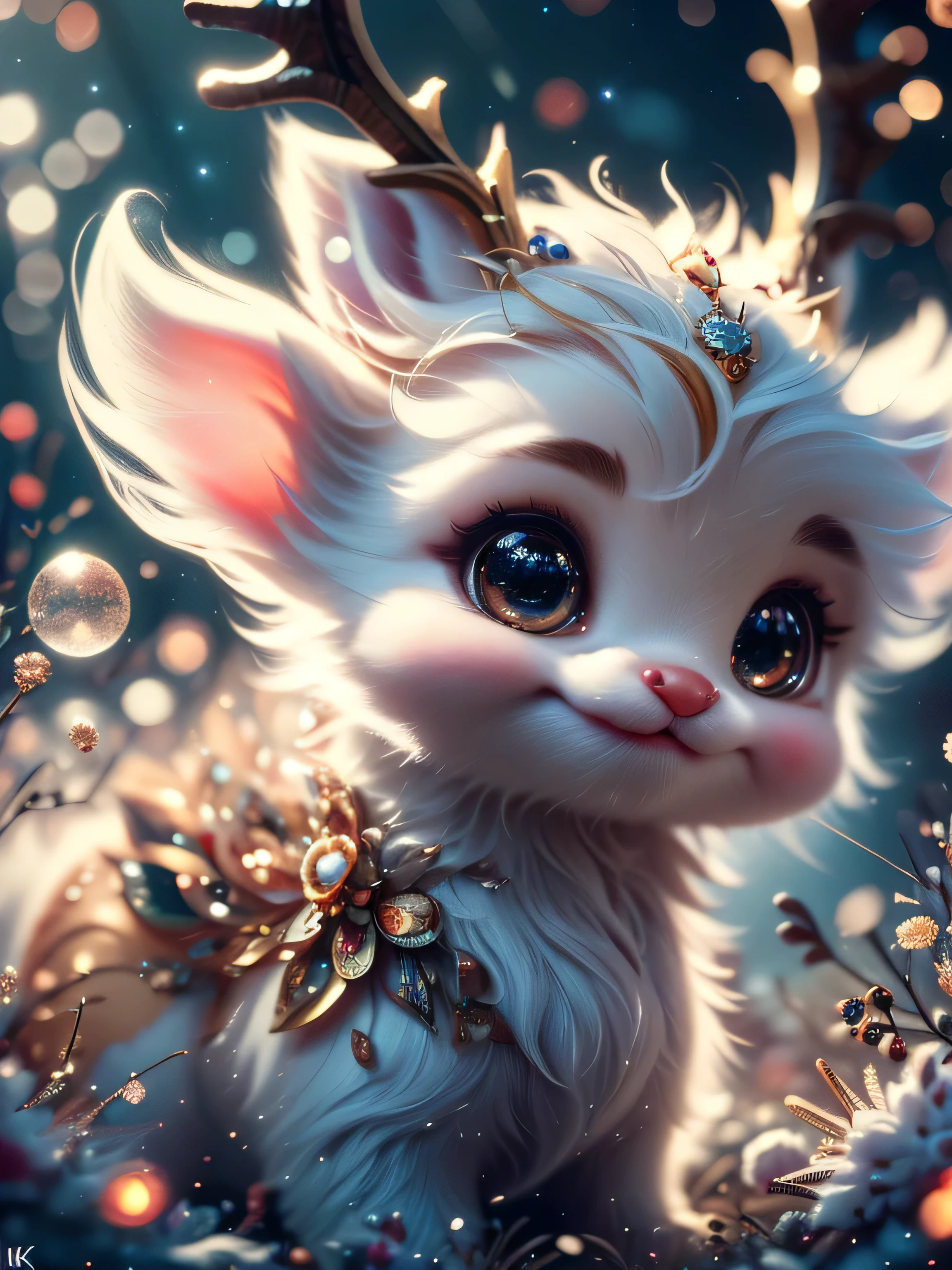 Magical Fantasy Creature, (Best Quality, Masterpiece, Representative Work, Official Art, Professional, Super Detailed, 8k:1.3), (Photorealism:1.2) Super Cute, Big Eyes, Soft, Soft Nose, Fluffy, Double-Toothed Smile, Aurorastyle, Highly detailed Dynamic shot of majestic adorable  reindeer, high quality, beautiful masterpiece, fantasy creature, kawaii, digital art, glowing sparkles, Realistic, Beautiful, Stars in Eyes, Soft Volumetric Light, (Backlight:1.3), (Cinematic:1.2), Intricate Details, (ArtStation:1.3), --auto --s2