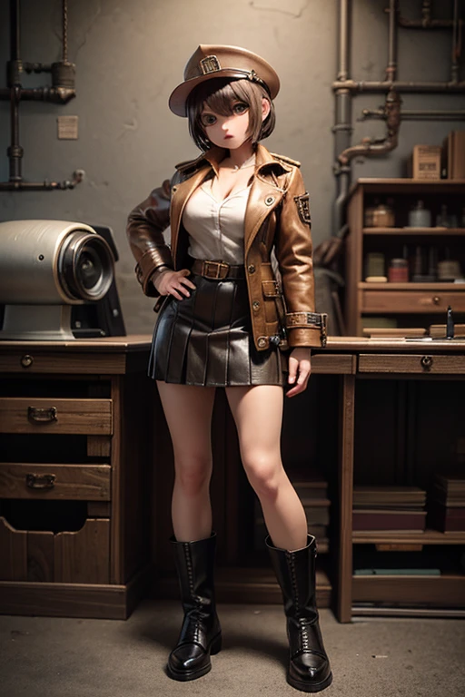 score_9, score_8_up, score_7_up, score_6_up, photograph, realism, photographrealistic, industrial steampunk mechanic women , perfectly detailed face , ( have :0.8), goggles, steampunk beige leather double breasted jacket, Beige Tweed Fabric Pleated Skirt , (leather boots :0.8), intricate brass accessories . masterpiece, illustrated, high definition, Industrial Background, retro futuristic ,