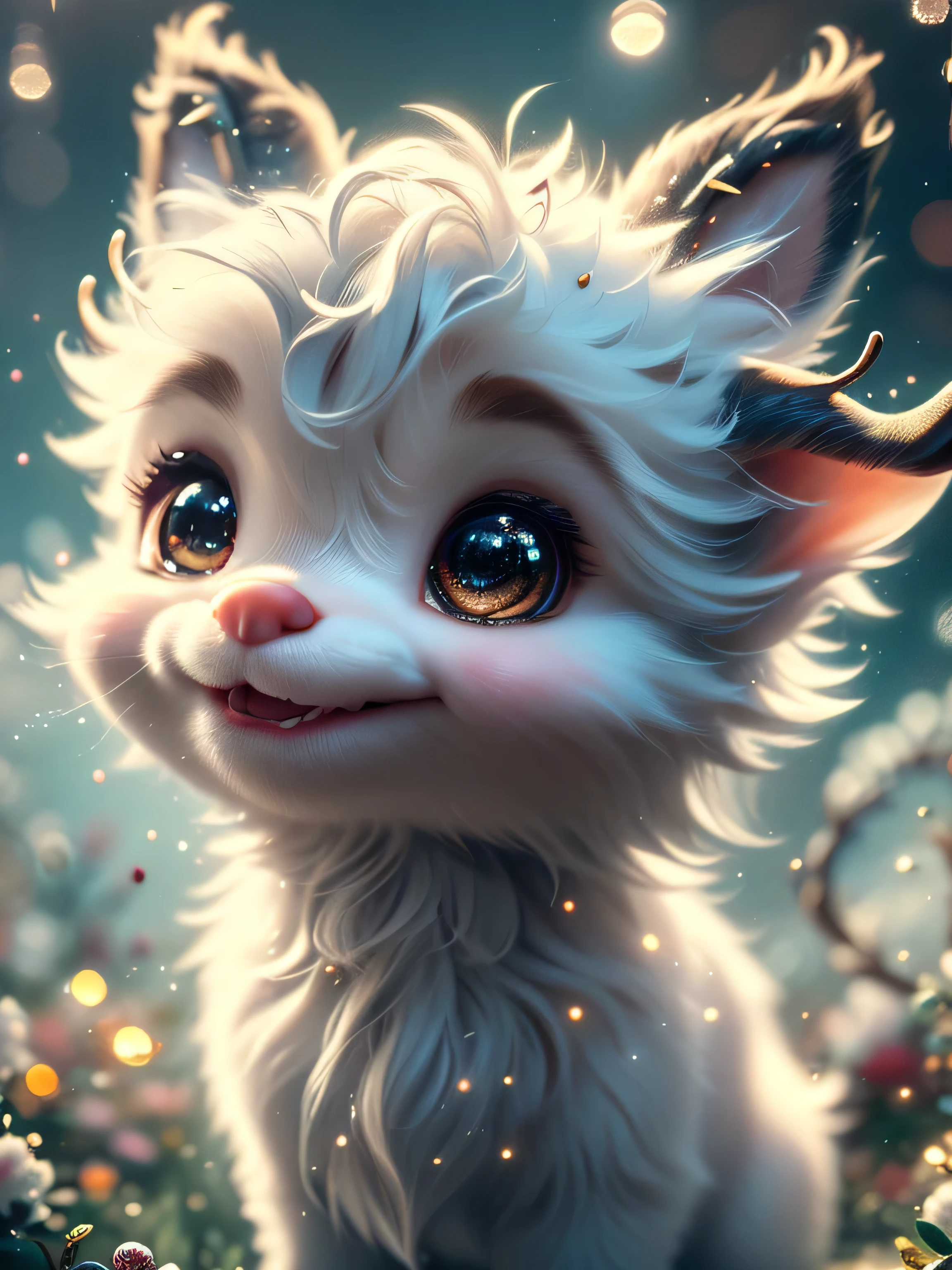 Magical Fantasy Creature, (Best Quality, Masterpiece, Representative Work, Official Art, Professional, Super Detailed, 8k:1.3), (Photorealism:1.2) Super Cute, Big Eyes, Soft, Soft Nose, Fluffy, Double-Toothed Smile, Aurorastyle, Highly detailed Dynamic shot of majestic adorable baby reindeer, high quality, beautiful masterpiece, fantasy creature, kawaii, digital art, glowing sparkles, Realistic, Beautiful, Stars in Eyes, Soft Volumetric Light, (Backlight:1.3), (Cinematic:1.2), Intricate Details, (ArtStation:1.3), --auto --s2