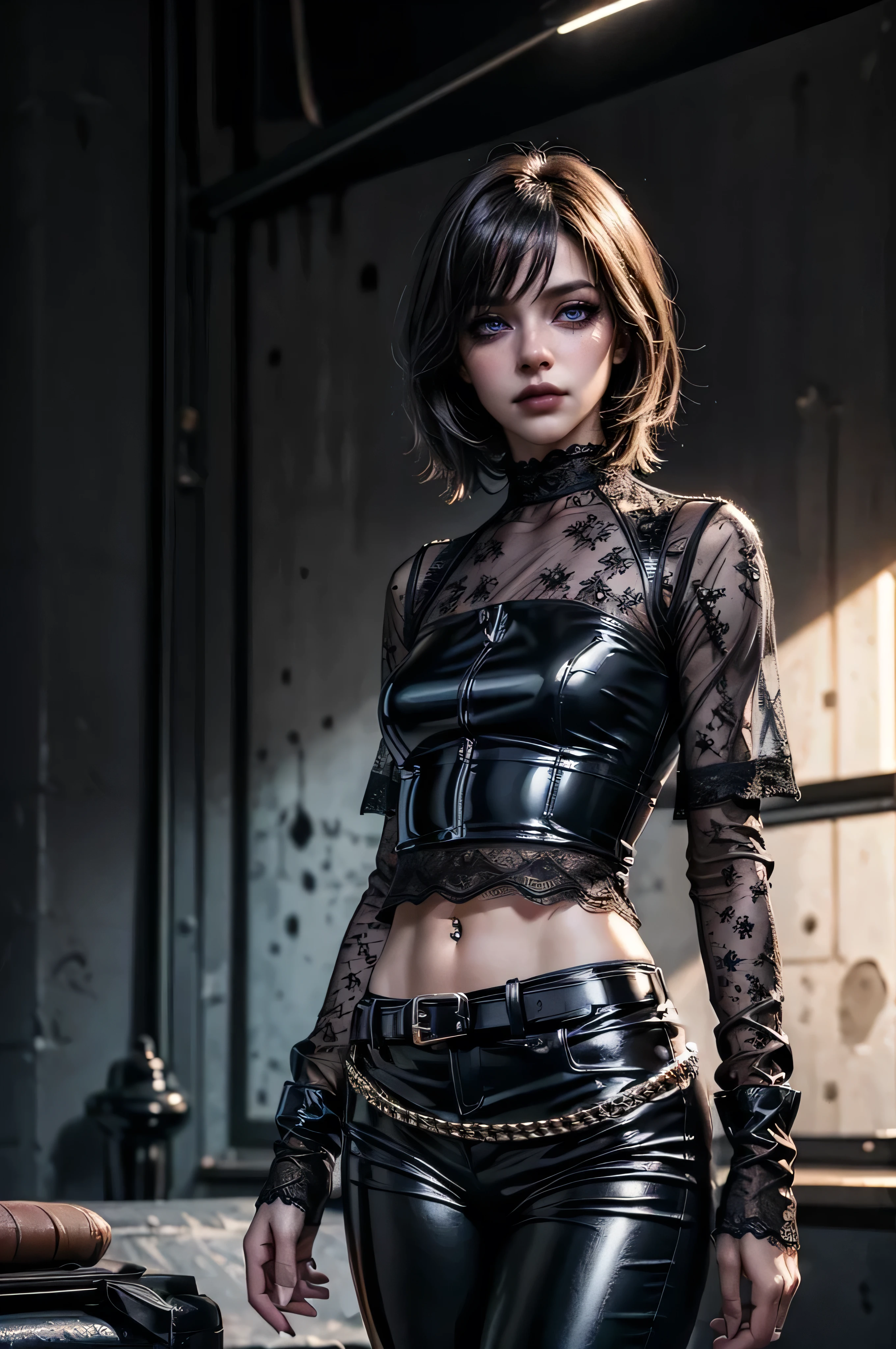 a woman wearing high quality glossy and ultra shiny black latex pants, multiple black belts, decorative chain belt, thin decorative belt, elaborate decorative belt, multi-belt, detailed facial features, beautiful detailed eyes, beautiful detailed lips, extremely detailed eyes and face, long eyelashes, realistic, high fashion, dynamic pose, dramatic lighting, dark color palette, chiaroscuro, cinematic, moody, gothic, dramatic