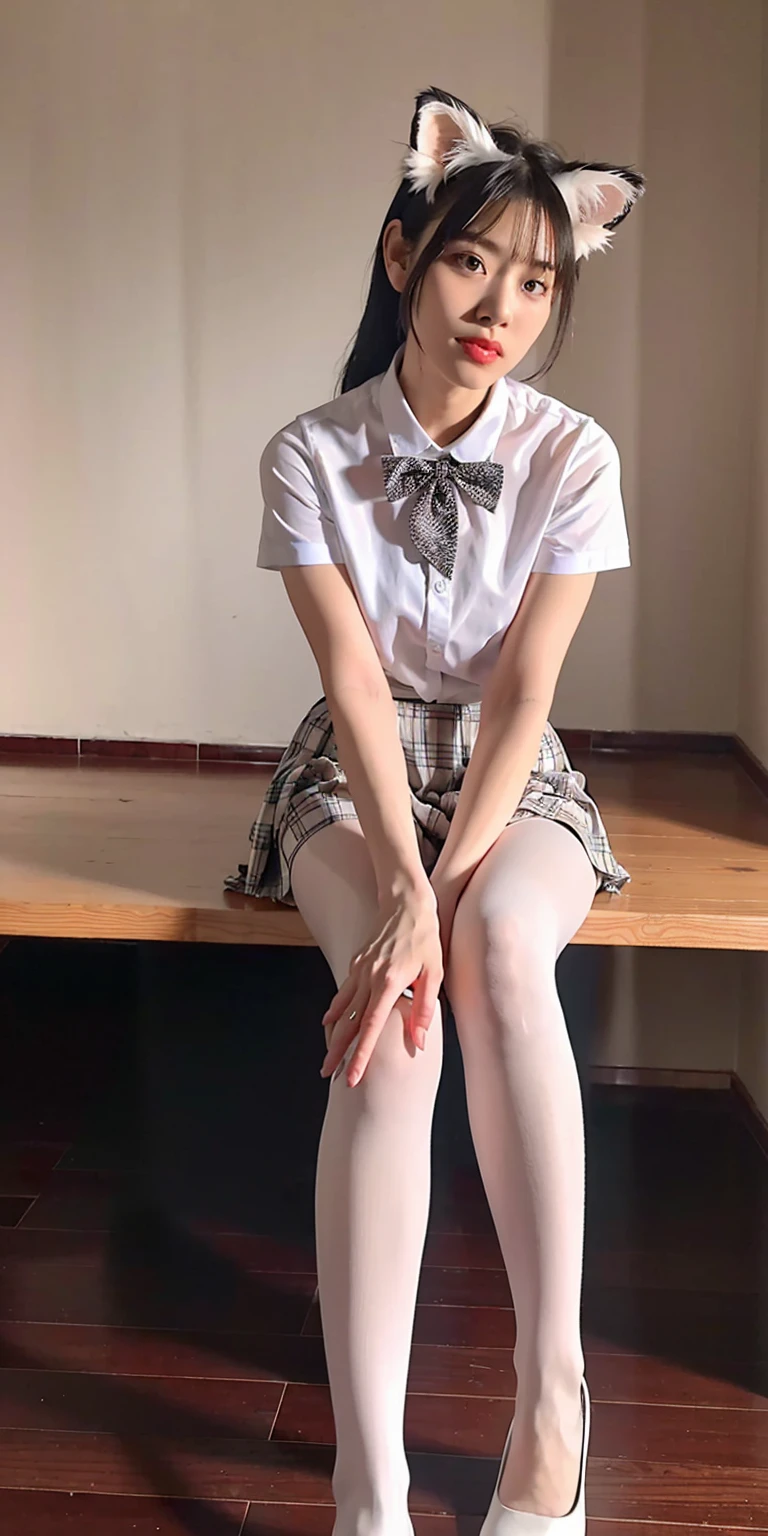 High resolution、high resolution、in 8K、Real Live Action、RAW Photosgraphy、Highest quality、masterpiece、Tabletop、erotic、Young、student、White bra,White skin,knees、(Skin-colored pantyhose)、Detailed Panty Pattern、Panty Focus、White lace panties、absurdes,Small Face、Part your bangs down the middle、The forehead is visible,(Cold look<Squinting my eyes,Glare,strong,Light anger)、masterpiece,Highest quality、超High resolution,RAW Photos,Only,Beautiful poop,one person, one personで,Dark look,Small breasts,whole body、very nice、JK Uniform,(Photorealistic:1.37)、Photon Mapping,Light blue ribbon,Realistic、Cute Face,Brown eye、12 years、(Red bow tie)、物理ベースOnlyダリング、prospect、Depth of written boundary、Blurred Background、picture,US、body,Beautiful feet, Long legs, Thin legs,Bobcut,(I can see the bangs), Lips, green_eye, Nose Soft,(open-necked white shirt), (Navy Pleated Skirt(Pull up your skirt、White panties are visible), I can see the knees,See-through clothing,Cute Japan、Sparkling eyes、Glossy Lips、Dynamic Pose,Short white socks、Showing the dirty sole of a foot raised in the air.