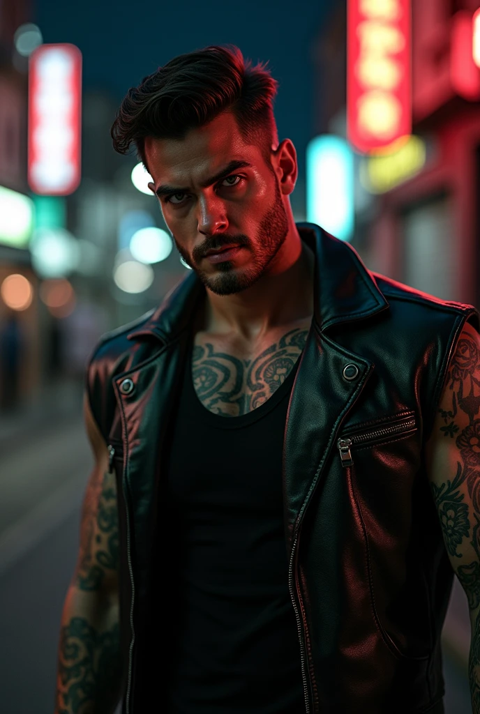 A 30 year old man with black hair, hazel eyes and a grey, shirtless with black pants, bloody hands, slick back hair and clean shave, light skin with laser eyes