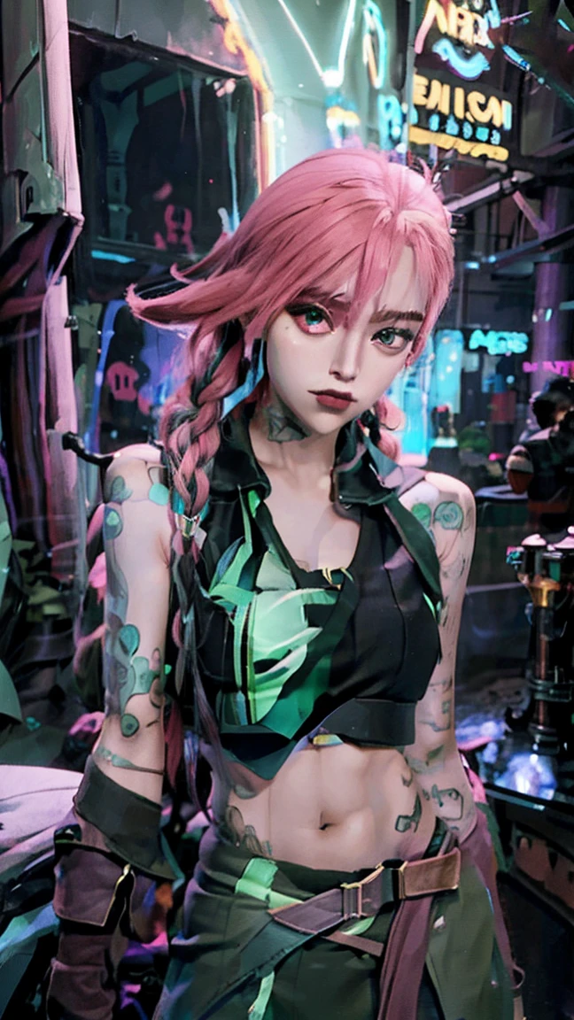 Gafe arcane, uma mulher com  green hair  e tatuagens,  Cyberpunk Woman Anime , pants, 
 Hermosa Ciberpunk goddess disgusted , cyberpunk art style,  cyberpunk anime digital art , cyberpunk anime art, arcane Gafe Retrato, cyberpunk anime art,  cyberpunk-themed art , dark fantasy cyberpunk, estilo arcane, 
1 girl,  tattoo of stars  on arm, fringe asimétrico, fringe,  green hair ,  green braids , Brown shirt,  tattoo of stars , oblique,  green hair ,  long hair,  pink eyes , Red lips, 
standing , cloud tattoo,  twin braids . arcane Gafe. Garota de  green hair , garota de  twin braids , Gafe in a burning place, Spark - to spark, spheres of light ,  movie poster, Gafe, arcane\( League of Legends \