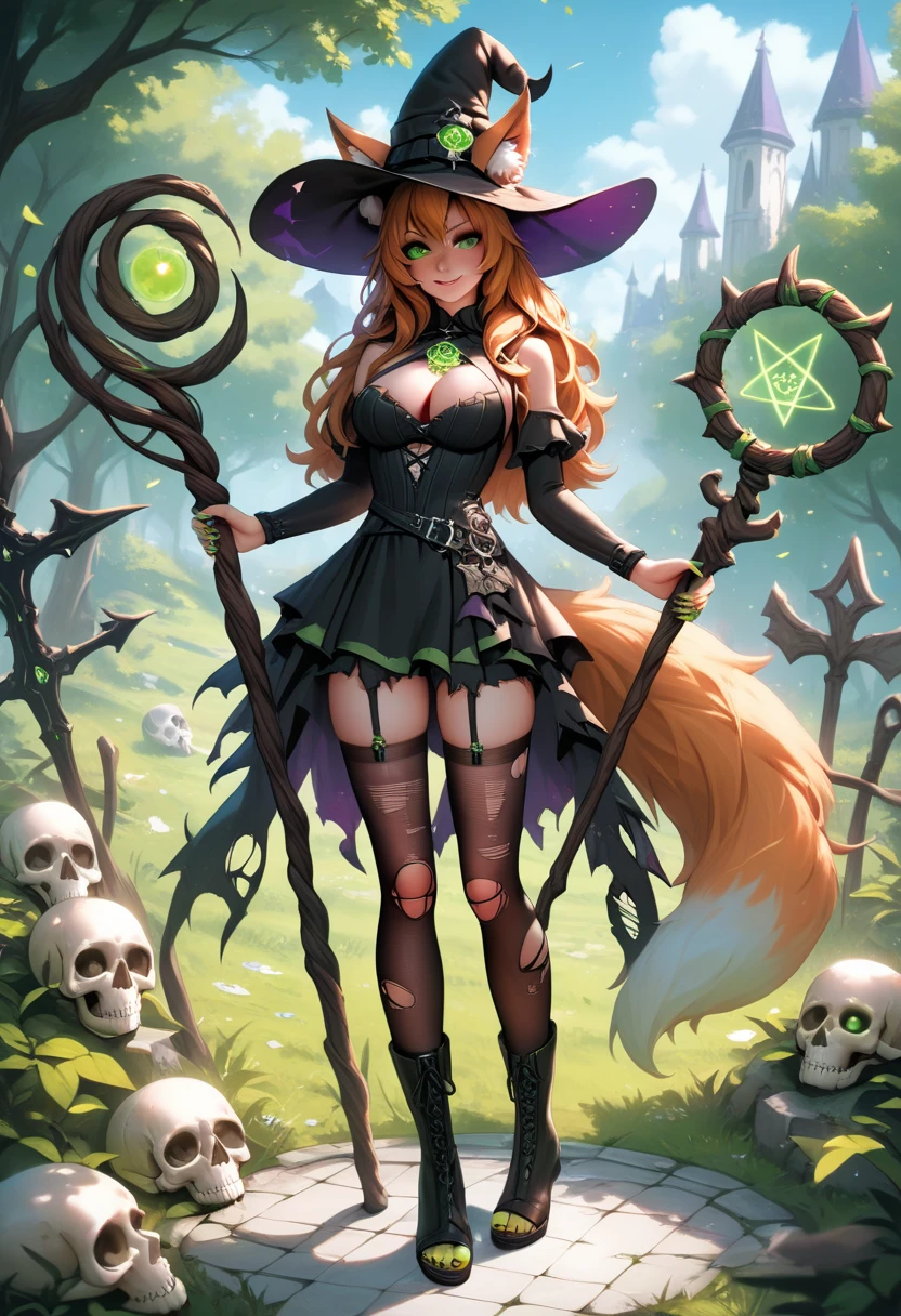 1girl, tail, witch hat, green eyes, animal ears, torn clothes, holding, fox tail, hat, thighhighs, brown hair, long hair, looking at viewer, ears through headwear, breasts, fox ears, solo, witch, fox girl, smile, black dress, torn thighhighs, skull, dress, black thighhighs, animal ear fluff, staff, black headwear, outdoors, nail polish, holding staff, glowing eyes, full body, standing, green nails, cleavage, toenail polish, horns, hair between eyes, glowing, toenails, black footwear, weapon, boots, pentagram, tree, belt, cleavage cutout, holding polearm, zPDXL3, detailxl, Score_PnyReal
