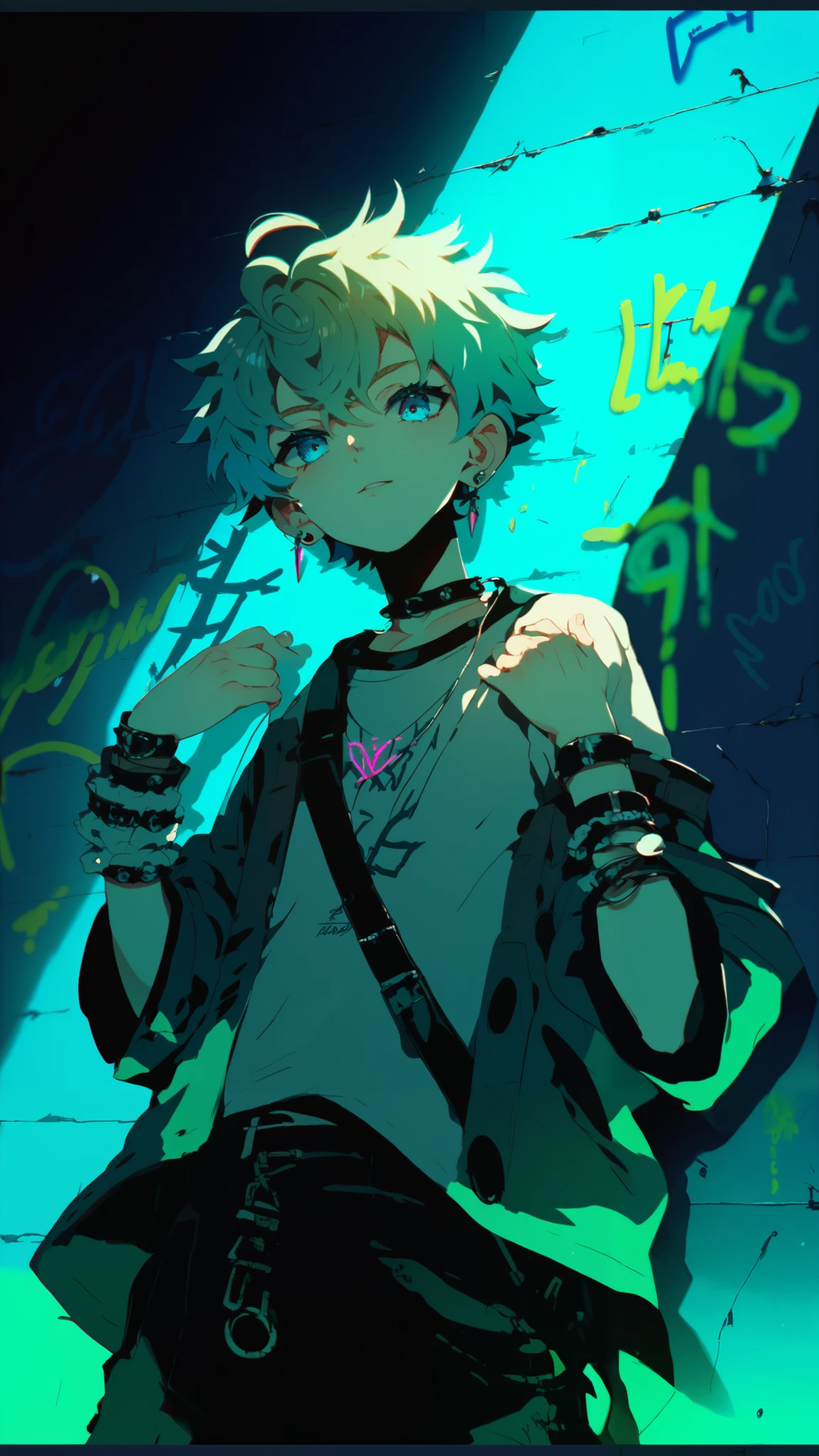 anime style, cool and edgy, thicker outlines, painterly elements, fine details, soft edges, Dutch angle shot, dynamic angle, A young man with light blue hair, large glowing blue eyes, and an oversized shirt, standing against a dark blue wall with neon green graffiti, vibrant, eerie, high contrast, anime style, tattos, fashionable, posing, expression, stylish, striking, modern, fashion, ((young man))