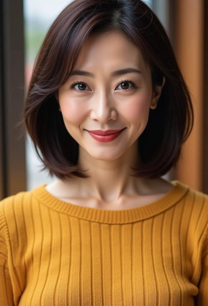 Mature Woman, ( detailed description of hair ), (Detailed description of the face), (Detailed description of the body), high definition , masterpiece,  top quality,  high detail, formal: 1.4), ( realistic : 1.2, 超 realistic な: 1.1, Realistic: 1.37), ( sharp focus : 1.4),  depth of field,  physically-based rendering ,  sadistic,  unrivaled beauty , (Ultimate beauty), (lipstick:1.1), (55 years old,: 1.4), Japanese、(( Closeup ))、 fine lines of laughter :1.2、((ribbed sweater in mustard yellow color:1.2)),(( blurry background))、((bob hair))、
