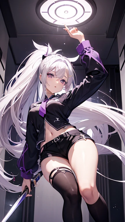 1girl, white hair, short twintails, extremely happy, cheerful, pink eyes, wearing plain black shirt, pink skirt, looking at viewer, no hat, holding orange glowsticks in hands, revealing underwear, medium breasts showing, side view