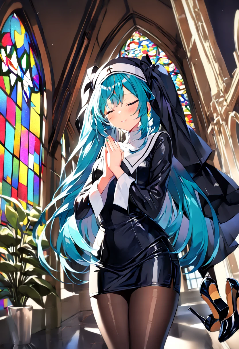 (hatsune miku:1.2), (gleaming skin, shiny skin:1.4), (nun clothes, pencil skirt:1.4), (pantyhose:1.4), (high heels:1.4), (closed eye, holy pray:1.4), (cowboy shot:1.4), (luxurious penthouse, indoor rooftop cathedral, stained glass:1.4), (midnight:1.4),