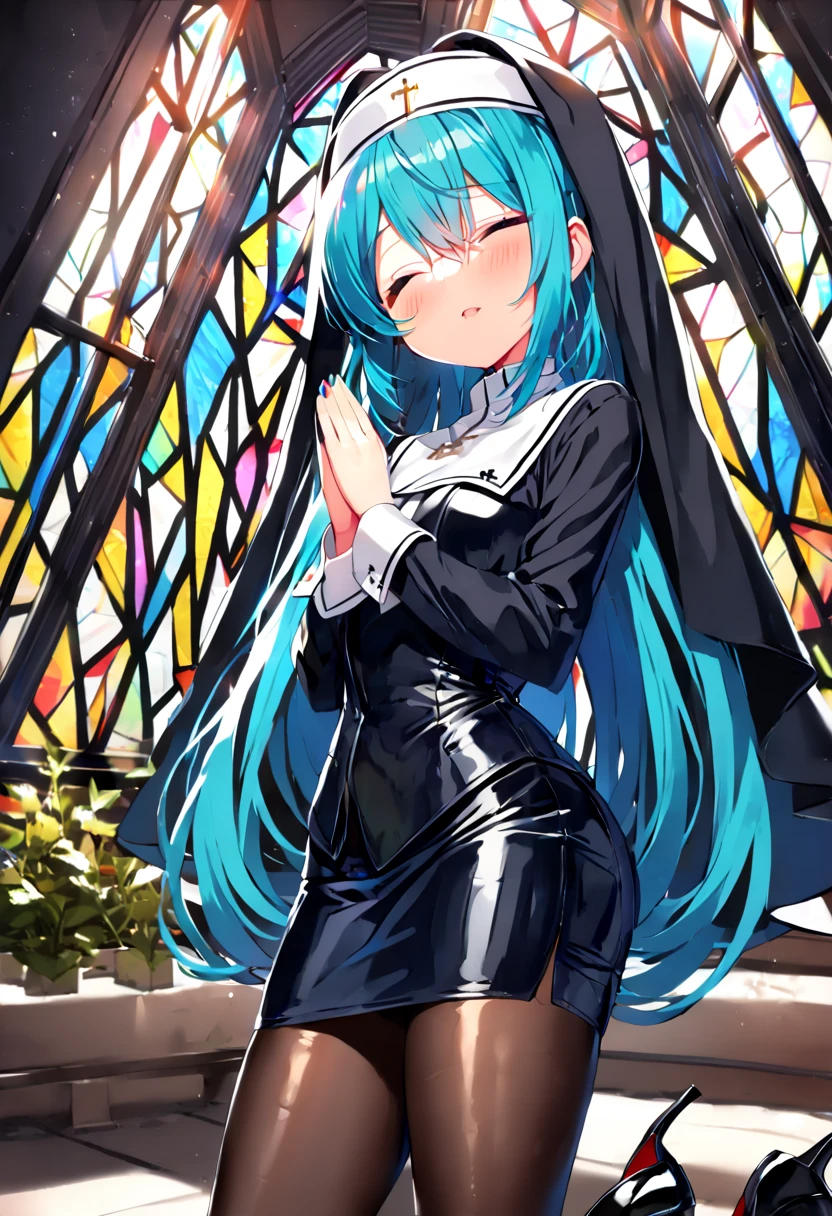 (hatsune miku:1.2), (gleaming skin, shiny skin:1.4), (nun clothes, pencil skirt:1.4), (pantyhose:1.4), (high heels:1.4), (closed eye, holy pray:1.4), (cowboy shot:1.4), (luxurious penthouse, indoor rooftop cathedral, stained glass:1.4), (midnight:1.4),