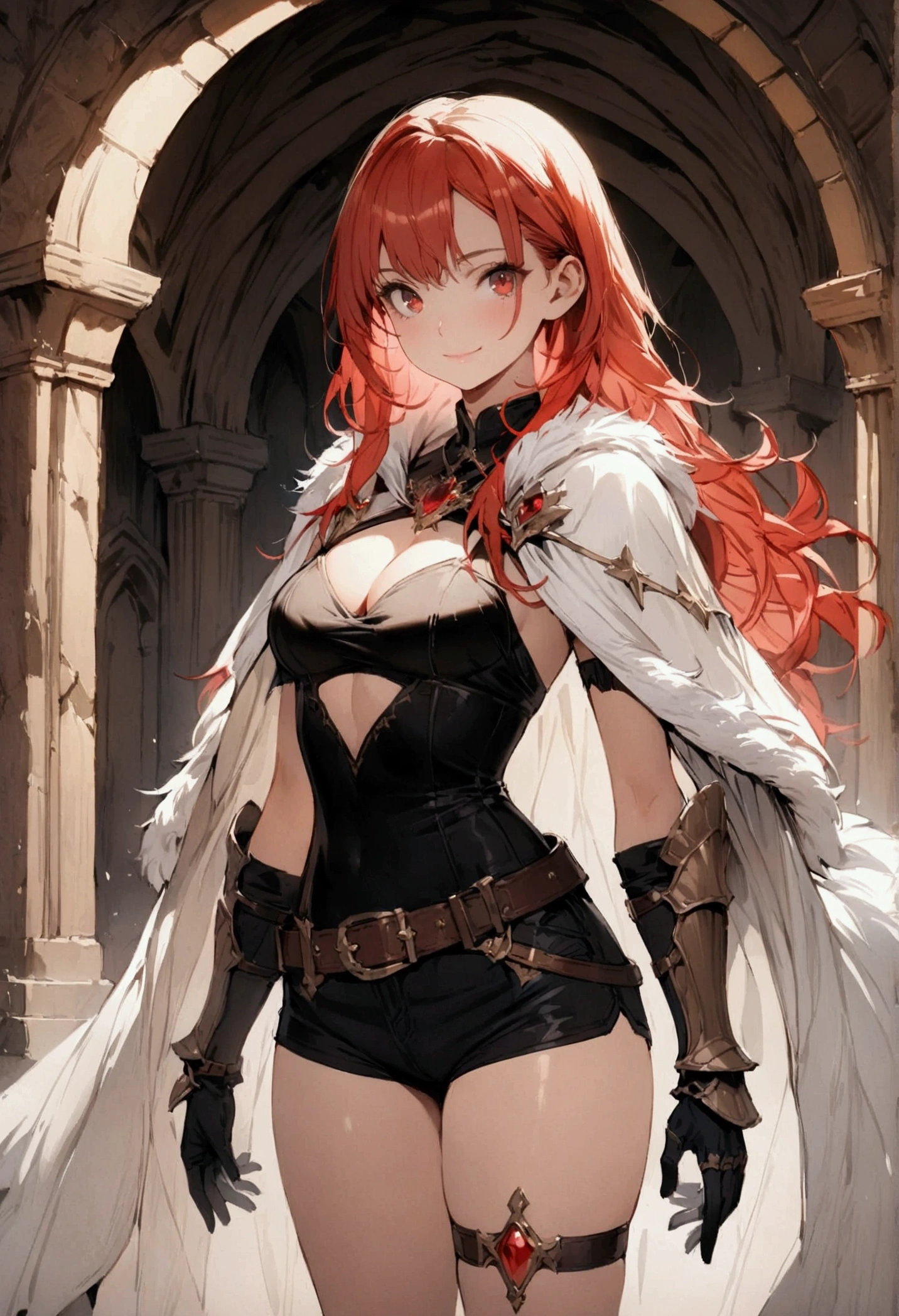 (masterpiece),(best quality),(ultra-detailed),(best illustration),(best shadow),(detailed background), 1girl, red-hair, gloves, breasts, belt, cape, red-eyes, fur-trim, thigh-strap, shorts, armor, long-hair, small-breasts, standing, solo, gem, fur-cape, fantasy, cleavage, legs-apart, short-shorts, vambraces, jewelry, gauntlets, cleavage-cutout ,closed-mouth, smile, arch, thighs, cloak, buckle, stained-glass, clothing-cutout, bracer, warrior, medium-breasts, carrying-over-shoulder, light-smile
