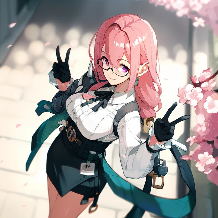 score_9, score_8_up, score_7_up, source_anime, 1girl, solo, outdoors, street, cherry blossoms, cowboy shot, standing, from above, looking at viewer, shiny skin, tsukishiro_yanagi, purple eyes, pink hair, long hair, hair ornament, glasses, collared shirt, long sleeves, frilled sleeves, black gloves, shoulder armor, black ribbon, high-waist skirt, pencil skirt, black skirt, black high heels, earrings, ear acessory, close-up, smile, closed mouth, double v